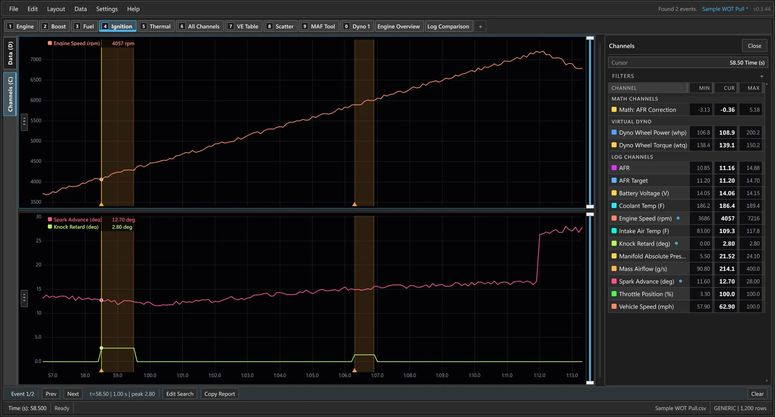 CSV Log Viewer: highlighted knock events with surrounding engine-speed and ignition traces.