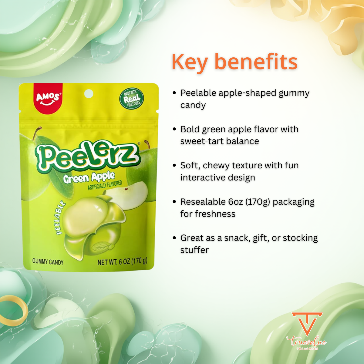 AMOS Peelerz Gummy Green Apple – Apple-Shaped Peelable Gummies, 6oz (170g), Resealable Packaging Stocking Stuffer