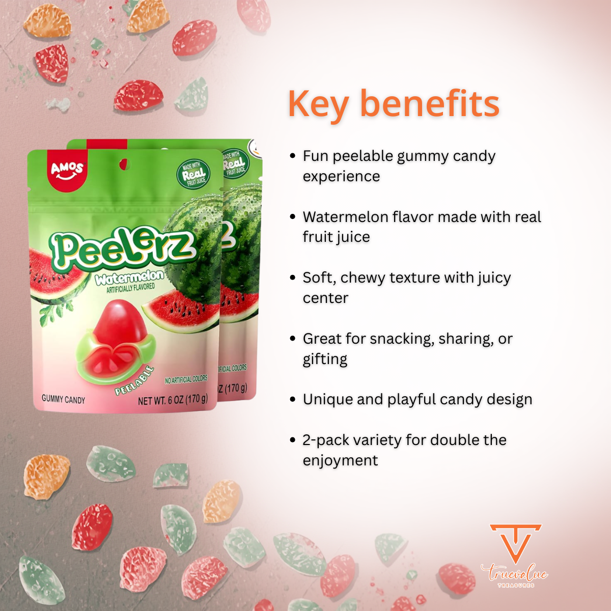 AMOS Peelerz Peelable Watermelon Gummy Candy Variety Pack, Soft Chewy Gummy Snack Made with Real Fruit Juice, Fun Peel & Eat Candy Treat, 2 pack