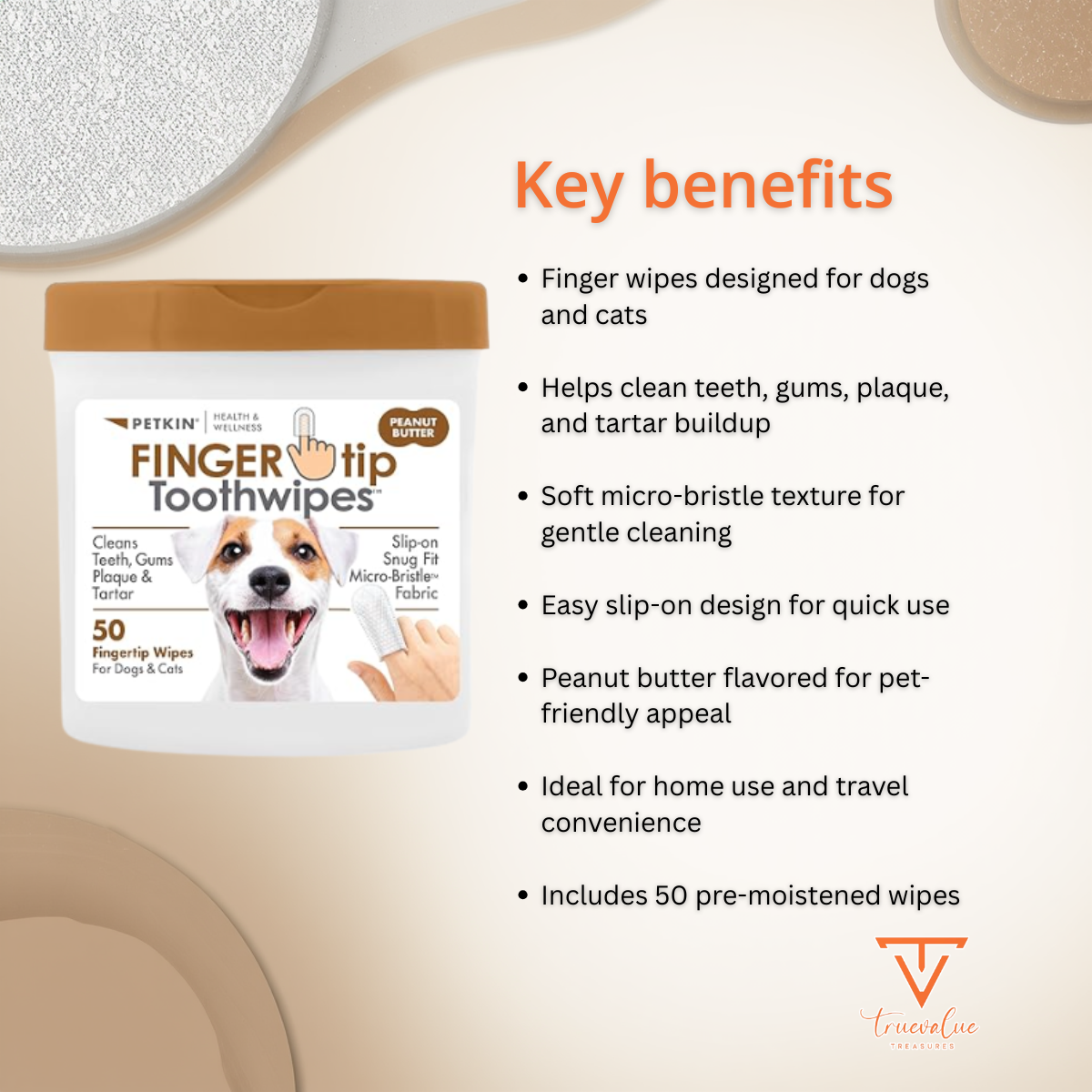 Petkin Fingertip Tooth Wipes for Dogs and Cats, 50 Finger Wipes - Slip-On, Snug Fit, Micro-Bristle Fabric - Cleans Teeth, Gums, Plaque & Tartar - Convenient, Ideal for Home and Travel - Peanut Butter