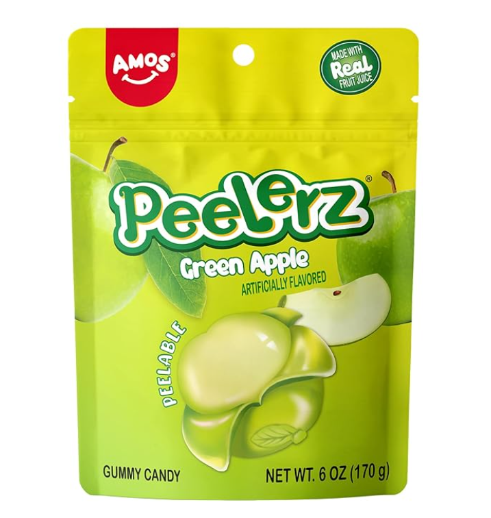 AMOS Peelerz Gummy Green Apple – Apple-Shaped Peelable Gummies, 6oz (170g), Resealable Packaging Stocking Stuffer