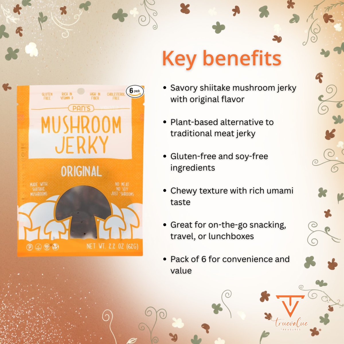 Pan's Mushroom Original Flavor Dried Mushrooms Shitake Jerky, Gluten Free, Soy Free, 2.2 Ounce (Pack of 6)