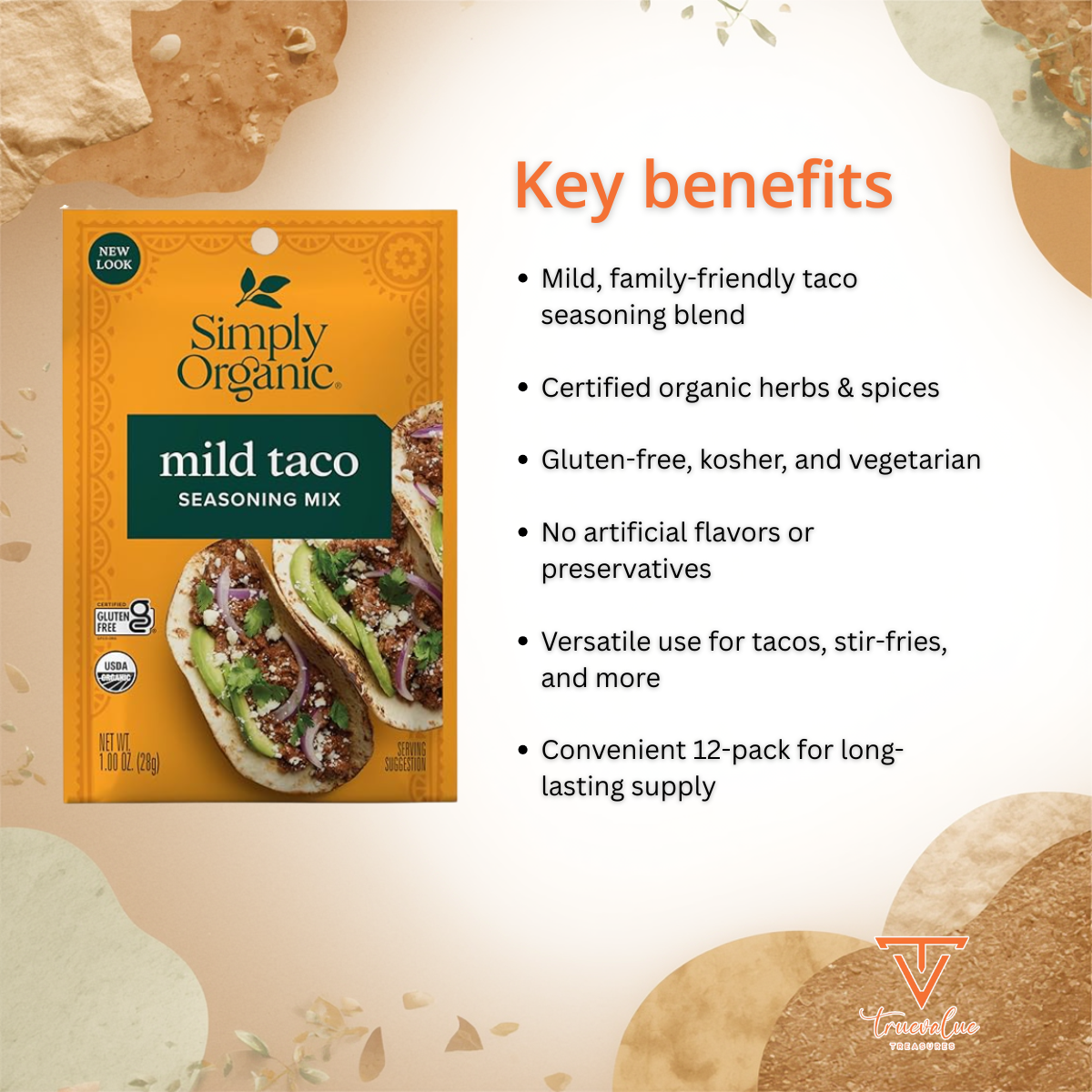 Simply Organic Mild Taco Seasoning Mix, Gluten Free, Certified Organic, Kosher, Vegetarian, Pure Flavor for Tacos, Stir-Fries, Mexican Dishes, and More | 1 Ounce (Pack of 12)