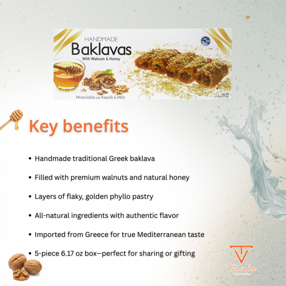 Handmade Baklavas - All Natural - Choose Your Favorite Filling - Imported from Greece - Candianuts - 6.17 oz box with 5 pieces (With Honey & Walnuts)