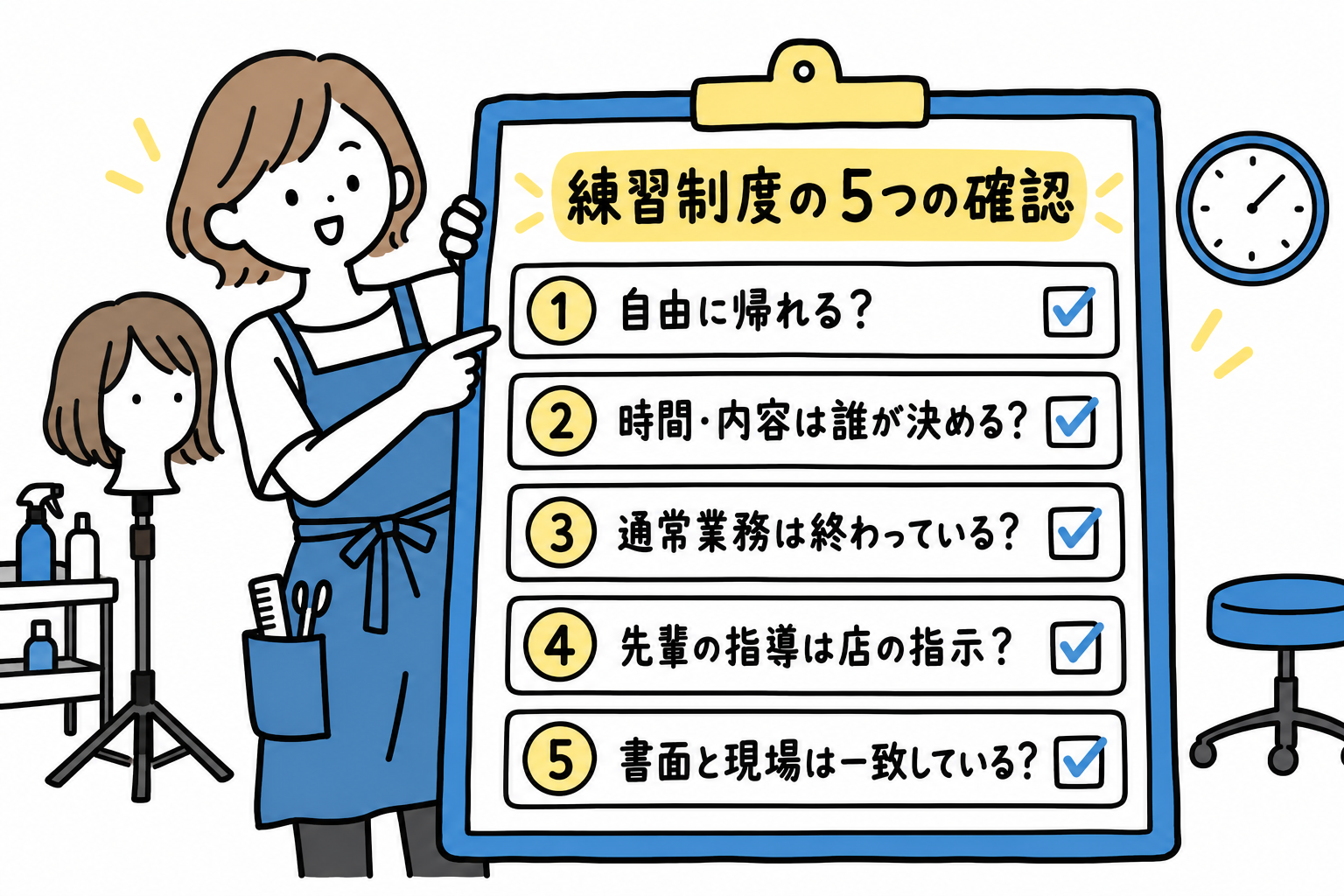 サロンの練習制度で確認したい５つの項目を示すイラスト