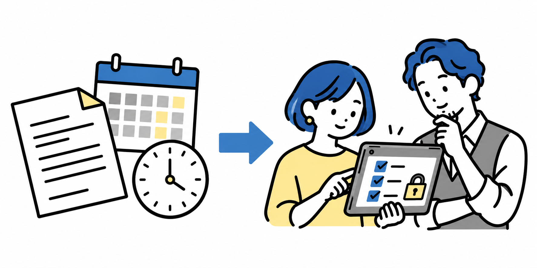 紙の雇用契約書や勤怠情報を電子化し、スタッフごとに整理するイラスト