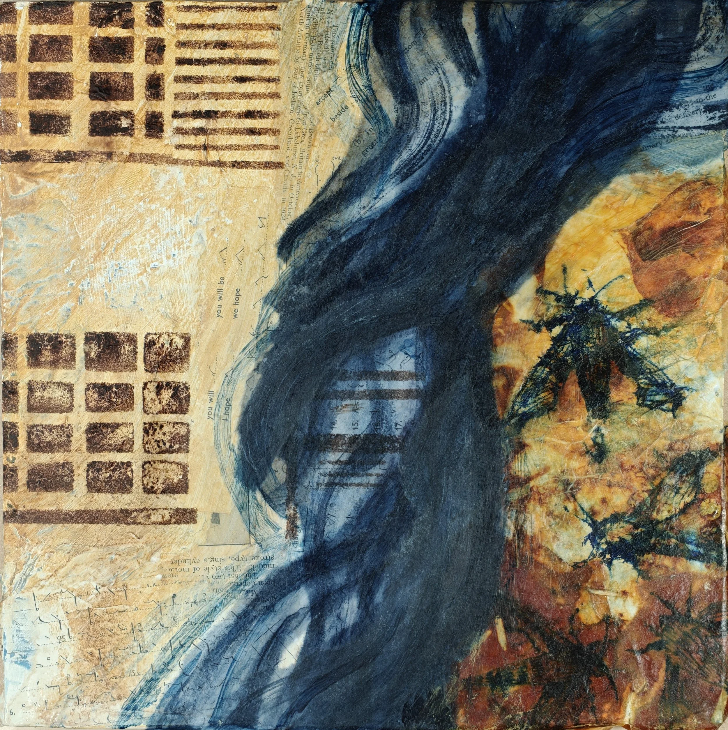 When the moths, 2026, collage with rust prints and drawings, 12"x12"