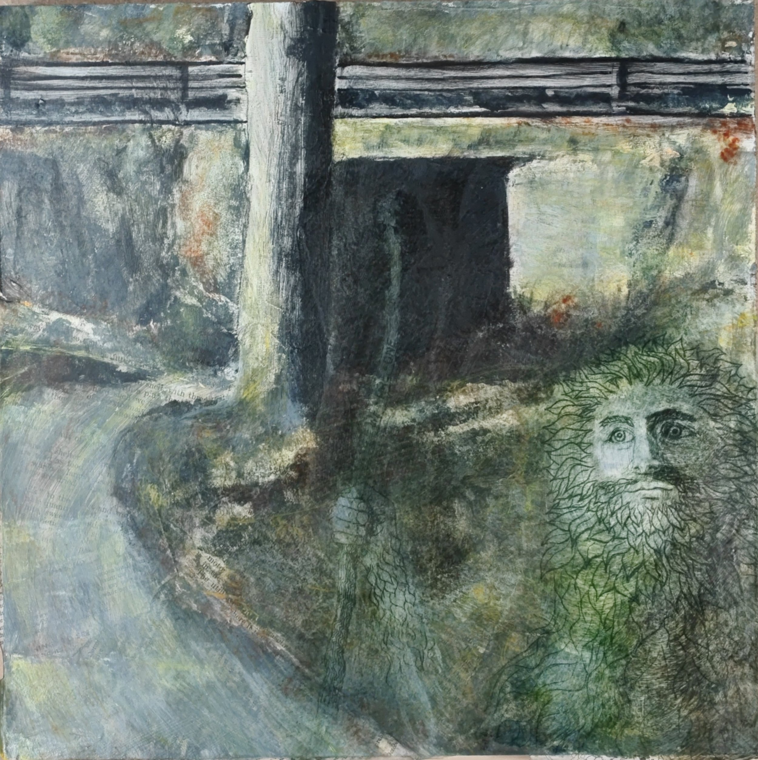 By the underpass, 2026, drypoint and acrylic collage, 12"x12"