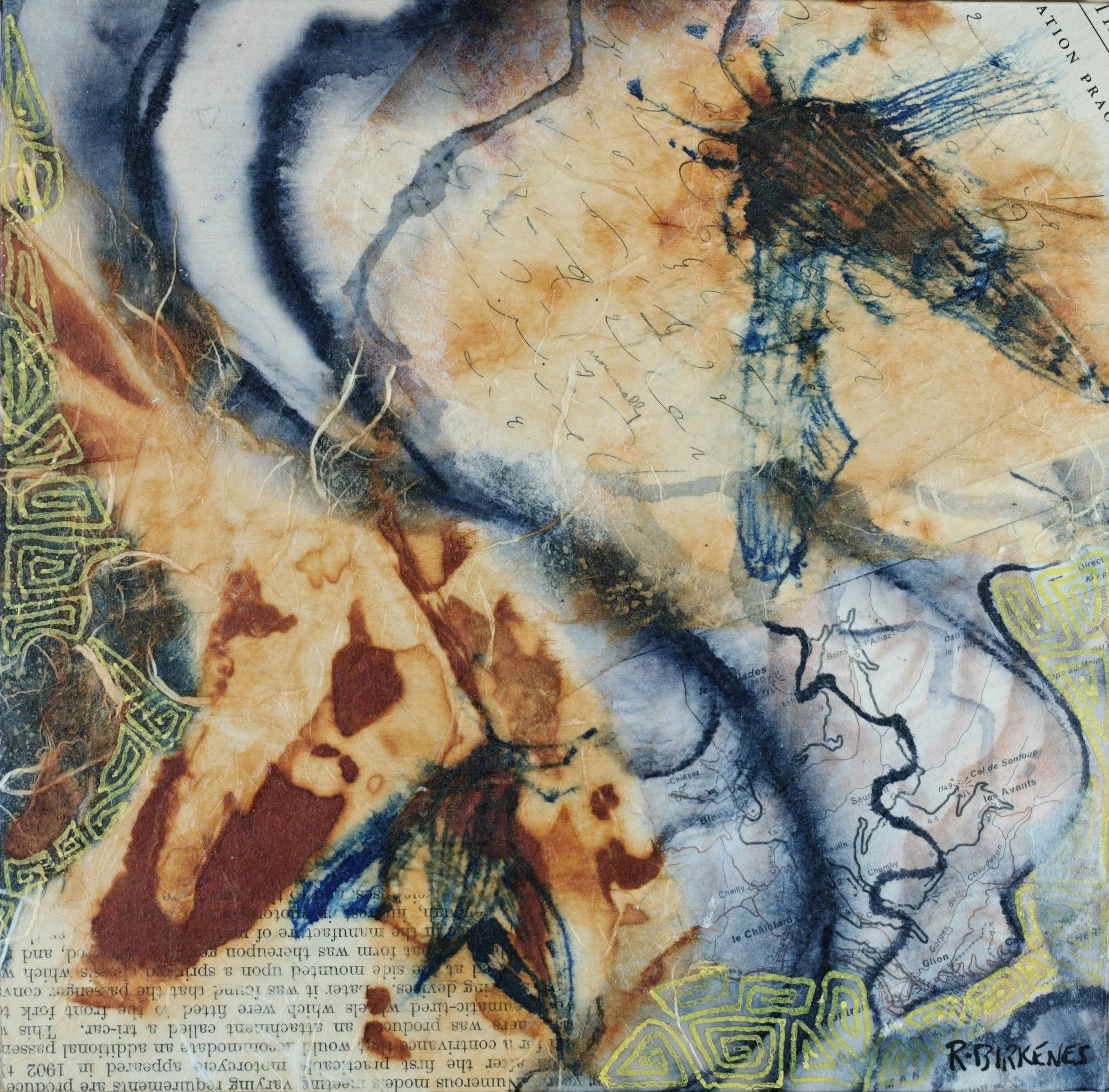 Tersa moths (3&8), 2026, watercolor and rust print collage, 6"x6"