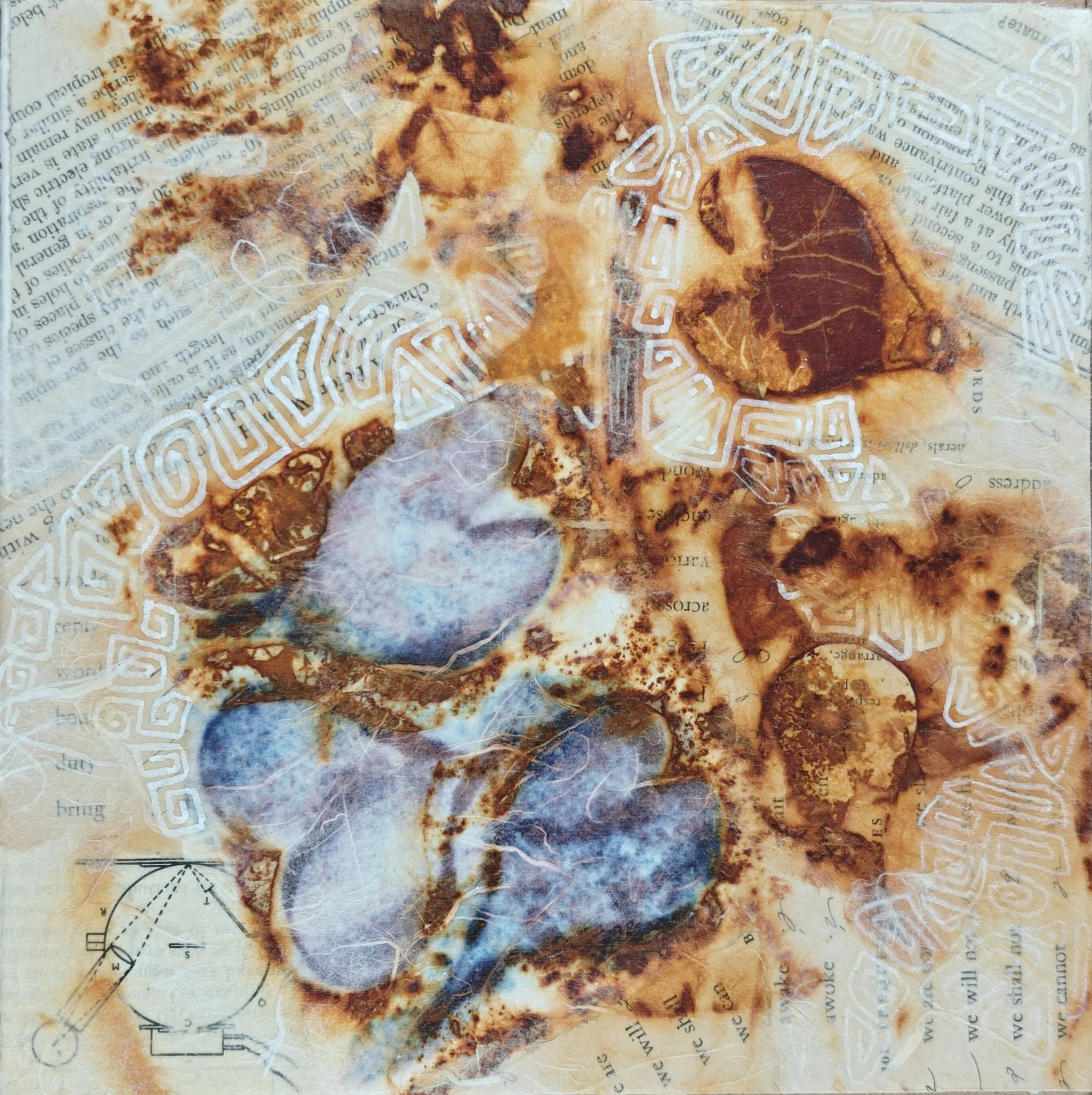 The science of heart attraction, 2026, Rust transfer and embossed print collage, 6"x6"