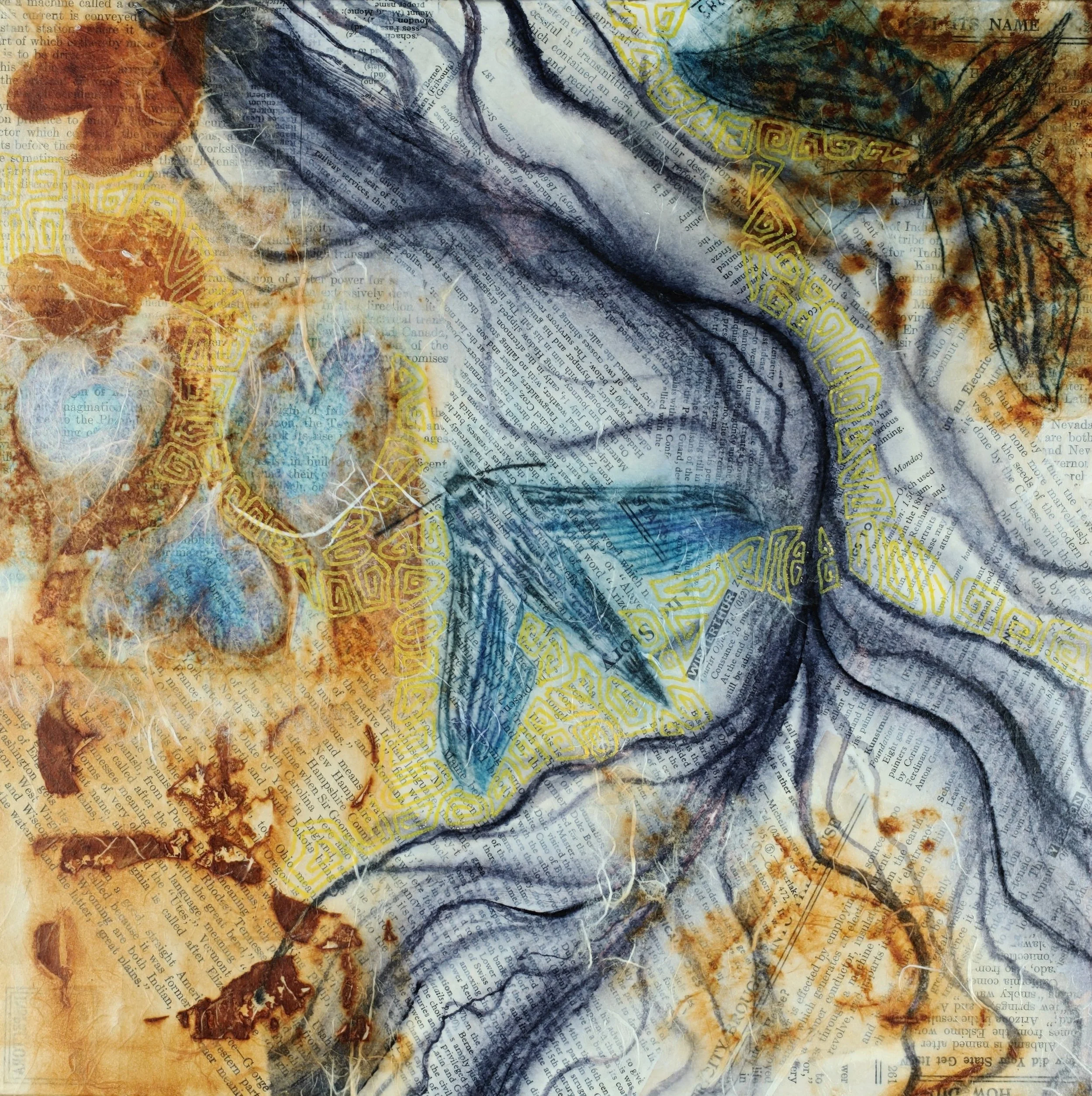 Tersa speaks love (3&5), 2026, drypoint and rust print collage, 12"x12"