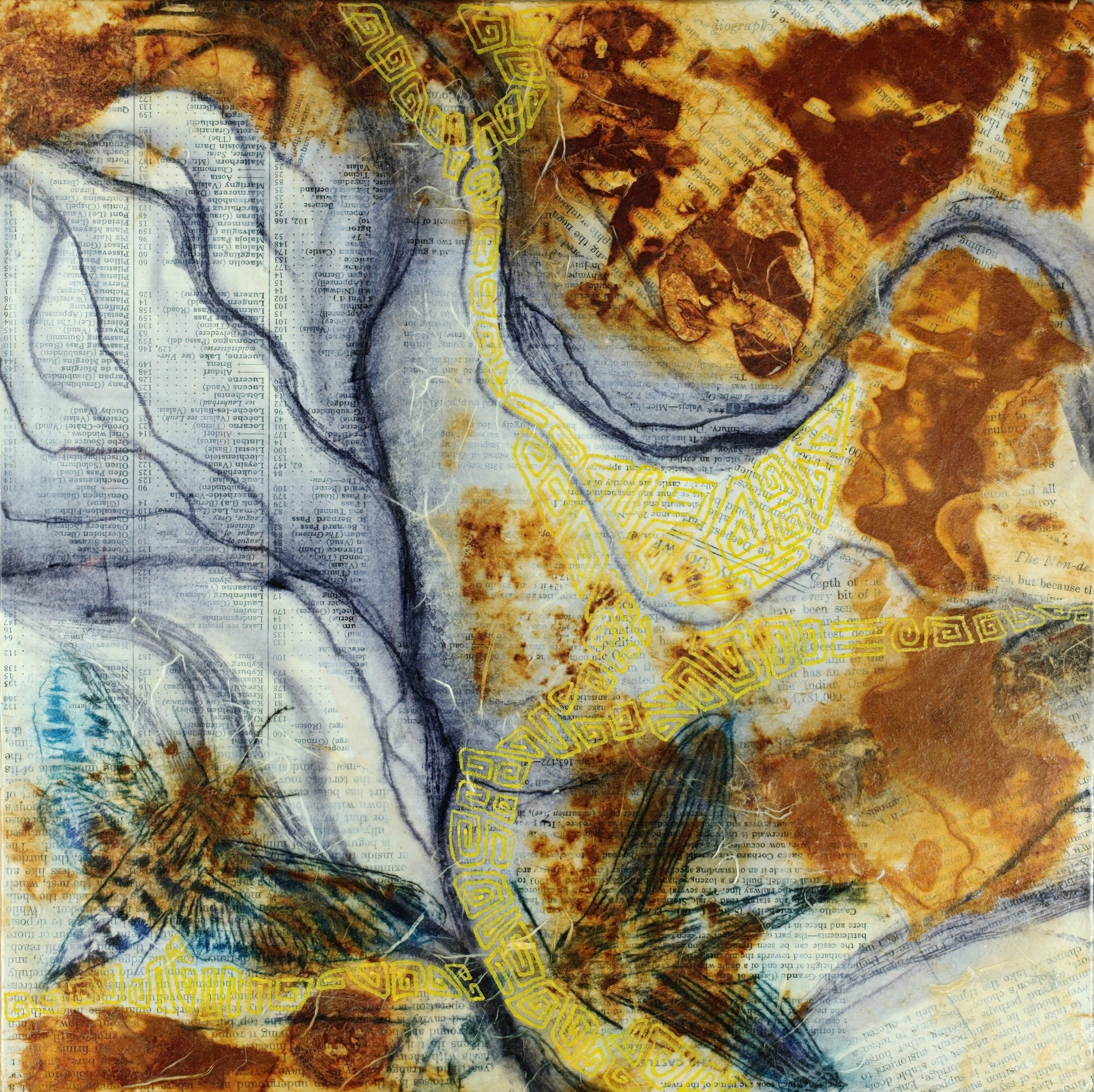Tersa speaks love (7&8), 2026, drypoint and rust print collage, 12"x12"
