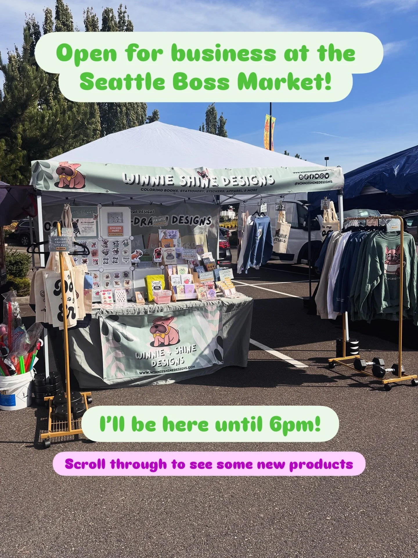 Open for business @_theseattlebossmarket! Last time the wind got the best of me and I had to leave early but this time I came prepared with extra weights 💪 (40lbs vs previously I was using 25lbs). Come out and support your small businesses and help 