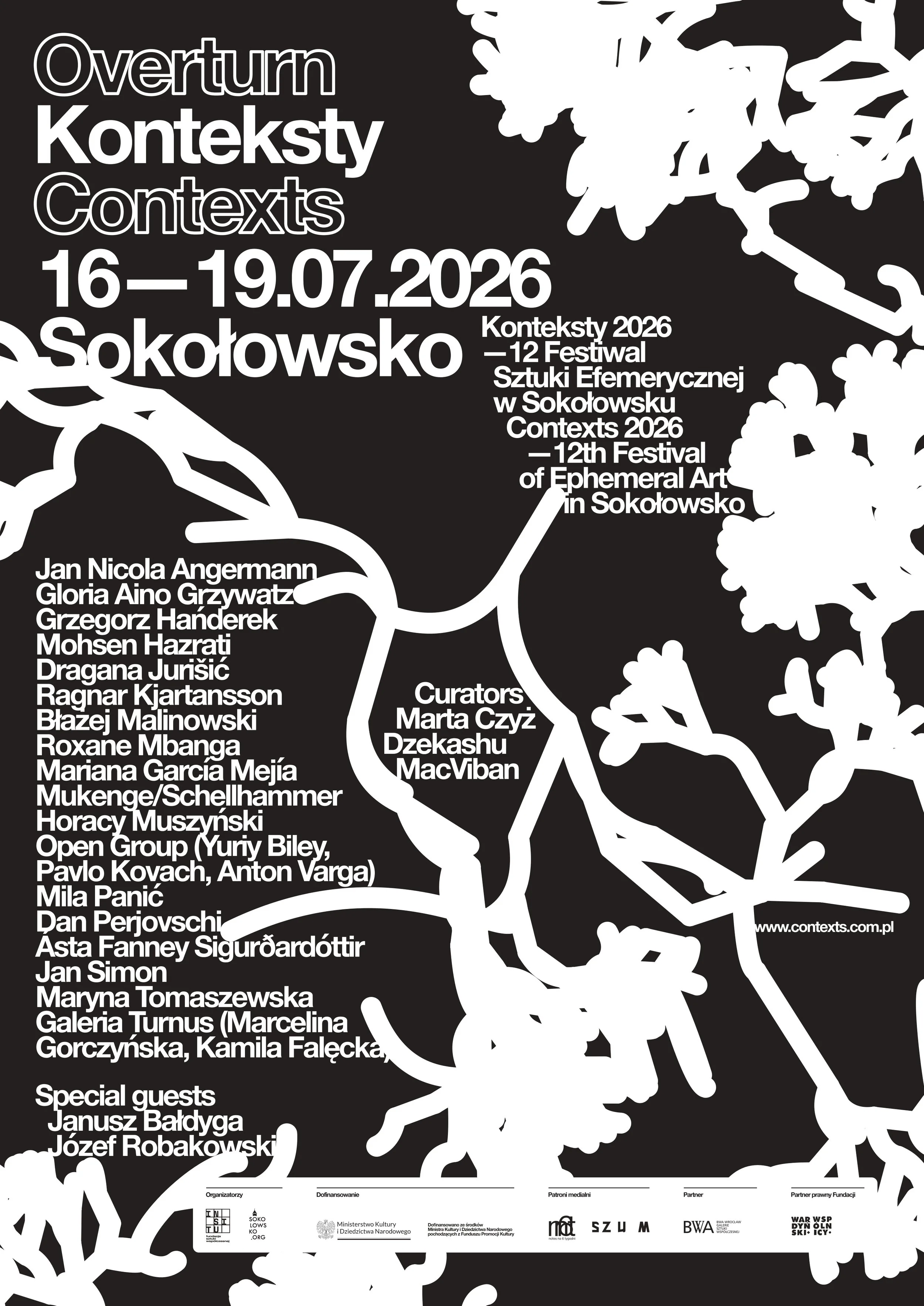 Poster for the Konteksty 2026 - 12th Festival of Ephemeral Art in Sokolowsko, held from July 16 to July 19, 2026. The poster features a black background with white abstract floral or plant-like silhouettes. Names of artists and organizers are listed on the poster, along with logos of supporting organizations at the bottom.