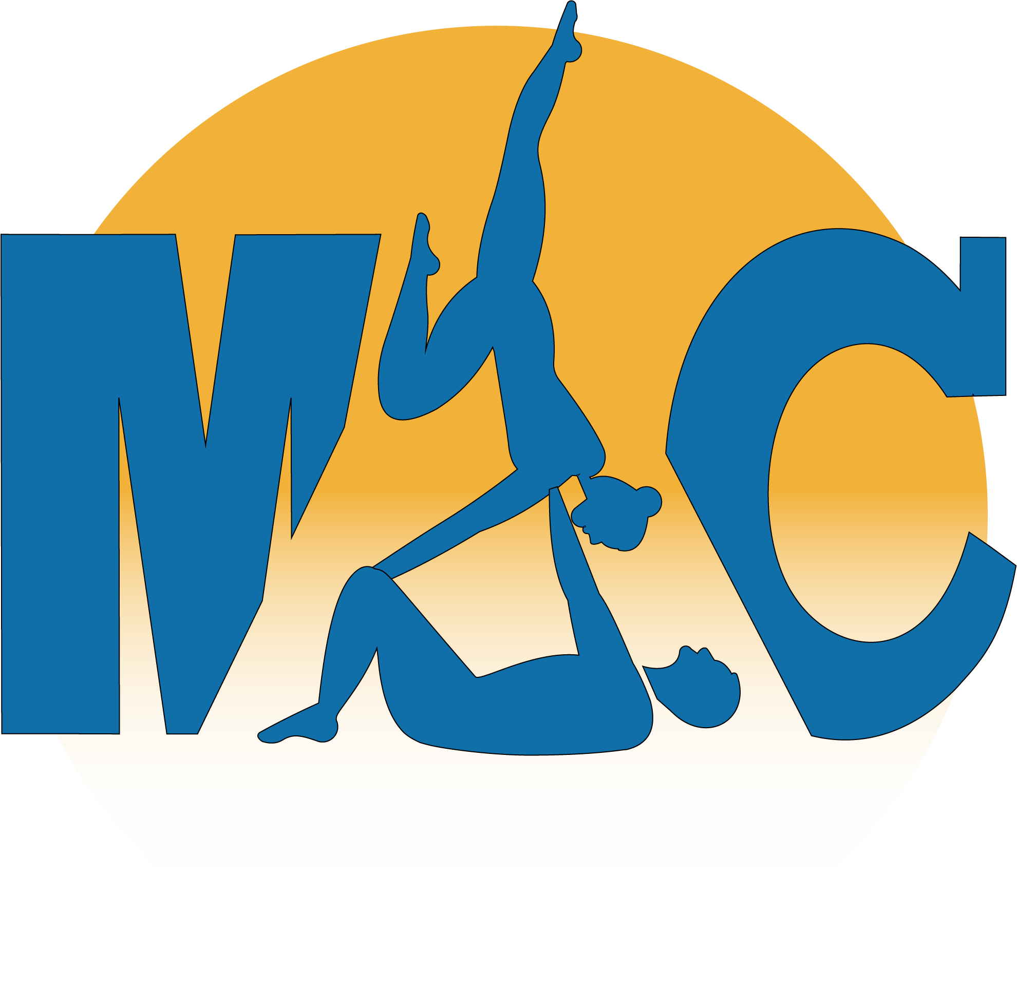 Logo of Women's Martial Arts Center with silhouettes of two women practicing martial arts in front of large blue letters 'WMC' and an orange circle background.