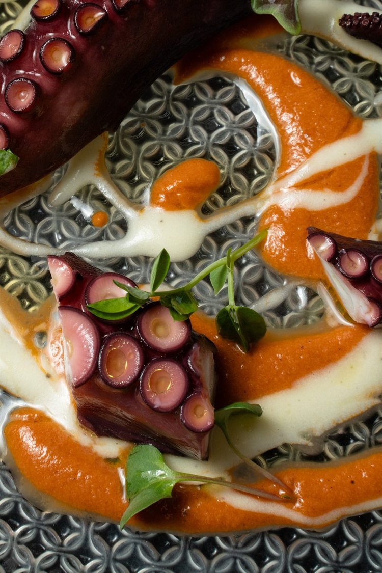 Food photography per ristoranti: polpo con crema di peperoni