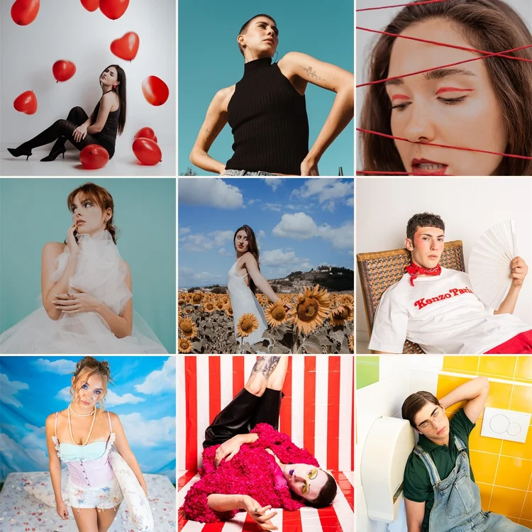 Griglia di ritratti ed editoriali a colori di Matilde Rindi, fotografa a Prato
