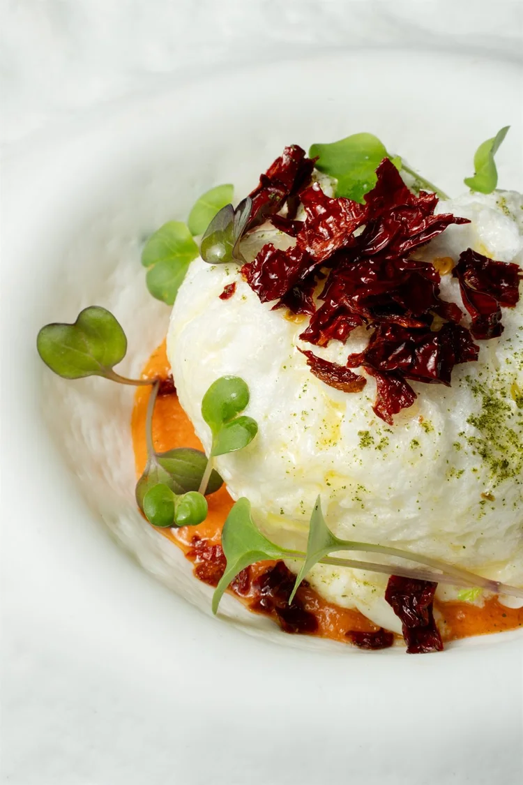 Food photography per ristoranti: burrata con pomodori secchi e germogli, foto di Matilde Rindi, fotografa a Prato