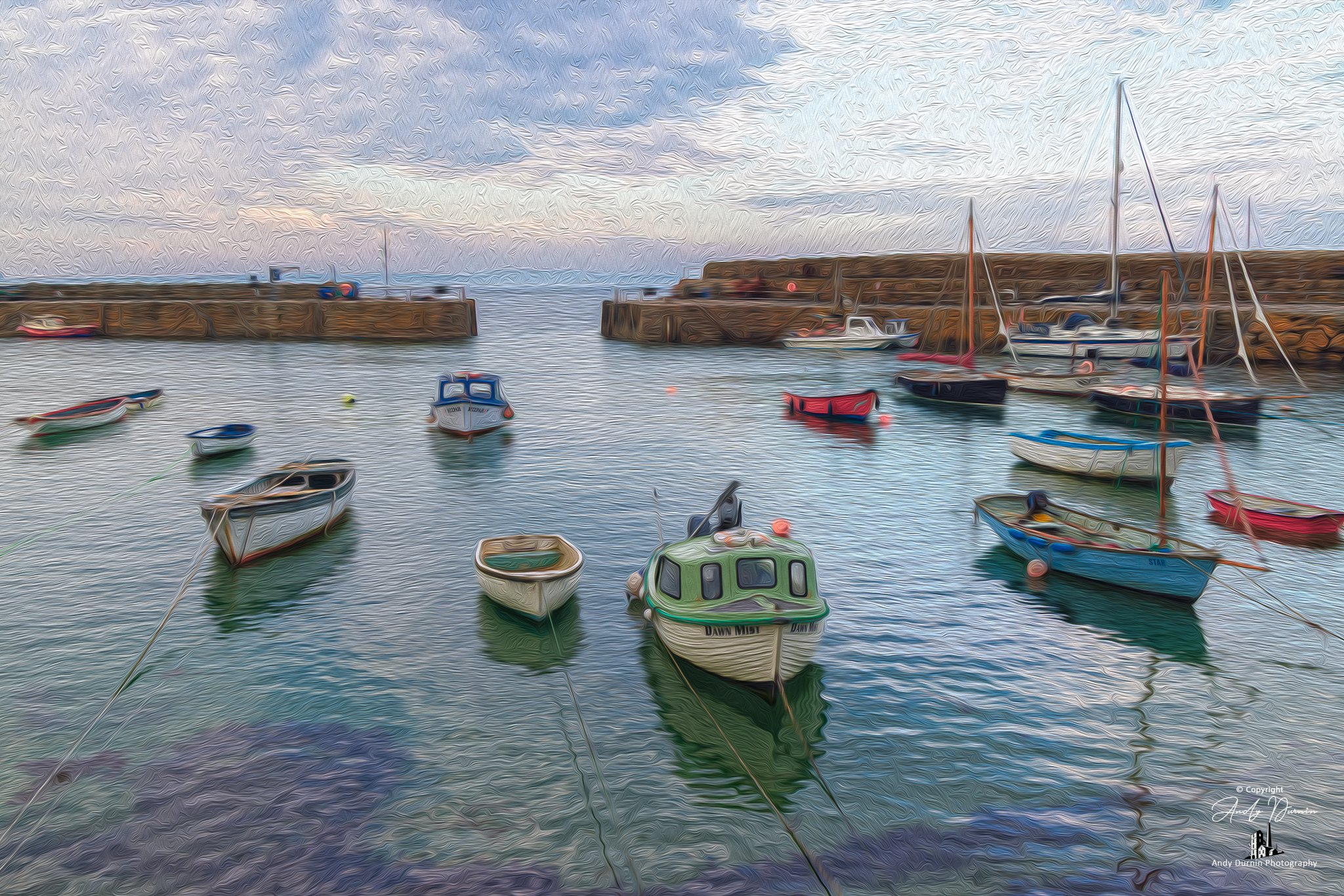 Mousehole Harbour, Cornwall A painterly-style scene of a harbour with multiple small boats docked near stone breakwaters on both sides, under a cloudy sky.