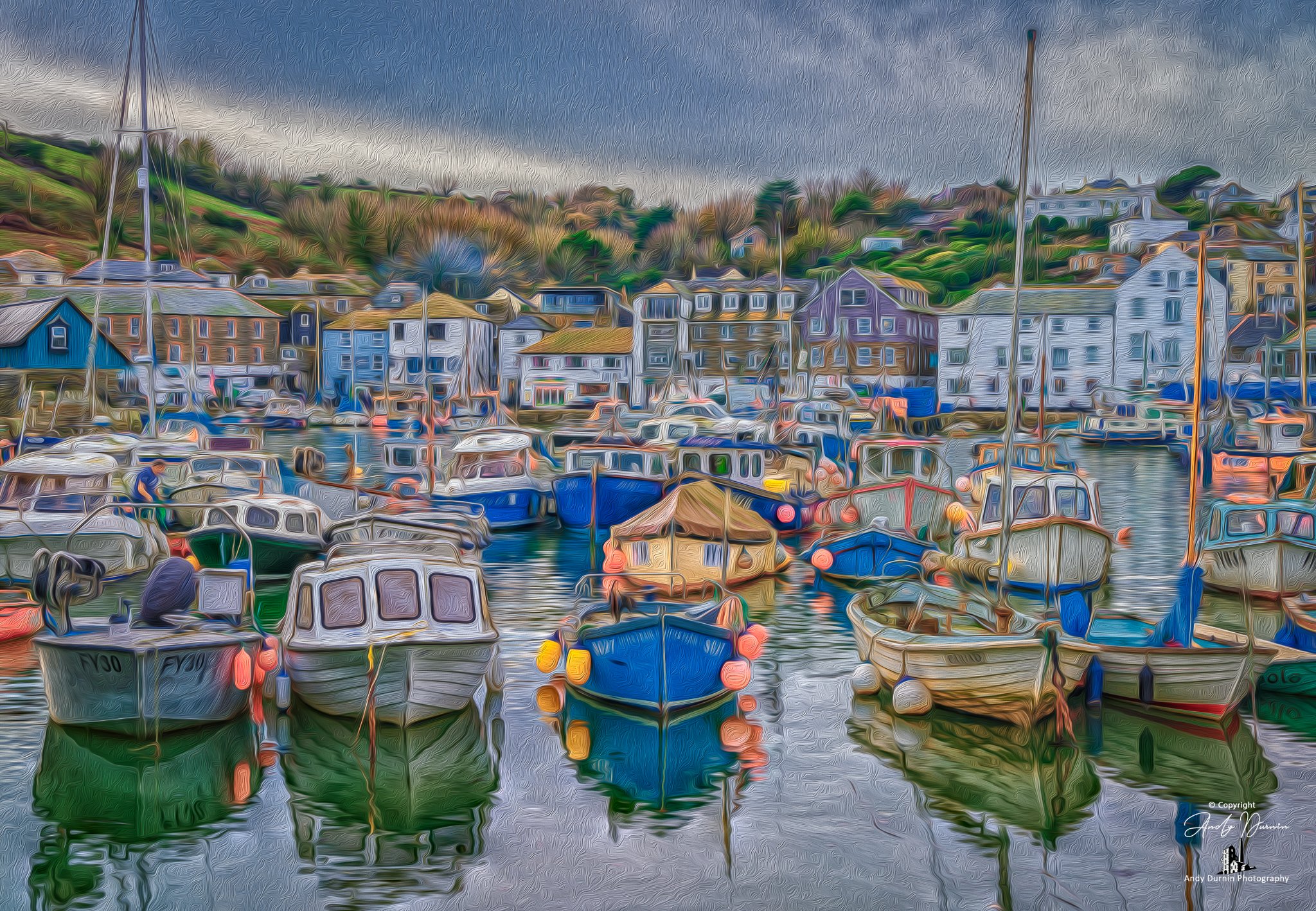 A painterly digital art depiction of Mevagissey Harbour Cornwall with boats docked and colorful houses on a hill in the background under a cloudy sky.