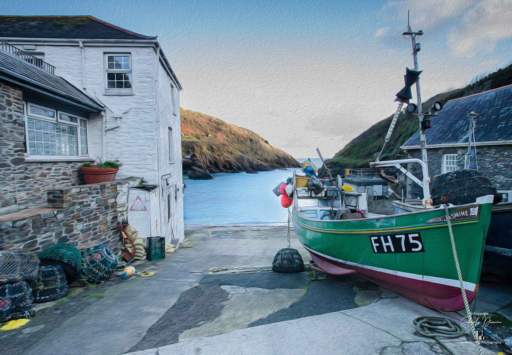 Fishing boats resting on the slipway at Portloe, captured with a painterly finish that enhances the quiet charm of this traditional Cornish fishing village. A peaceful coastal scene full of character, stonework and maritime detail.