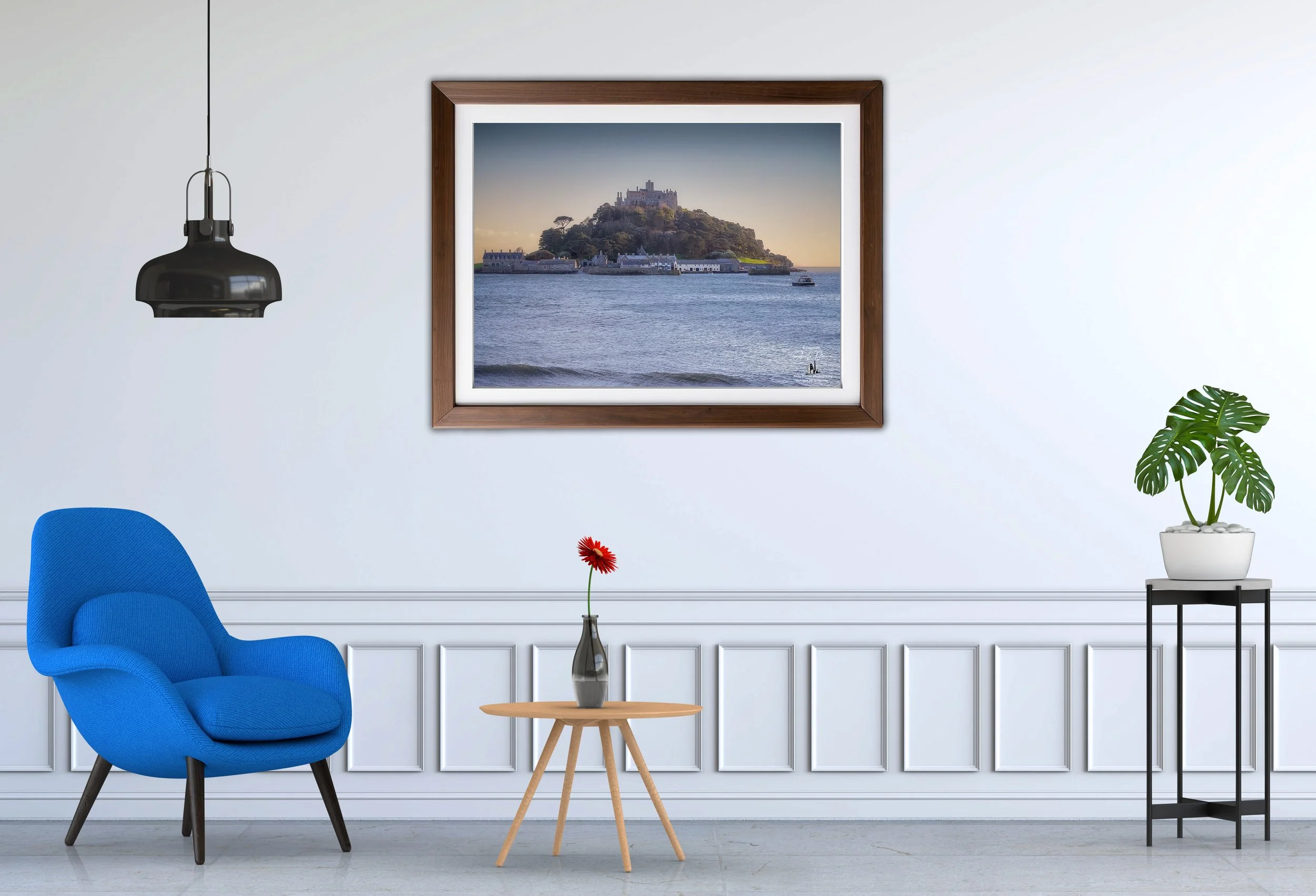 St Michael’s Mount castle and island illuminated by soft evening light