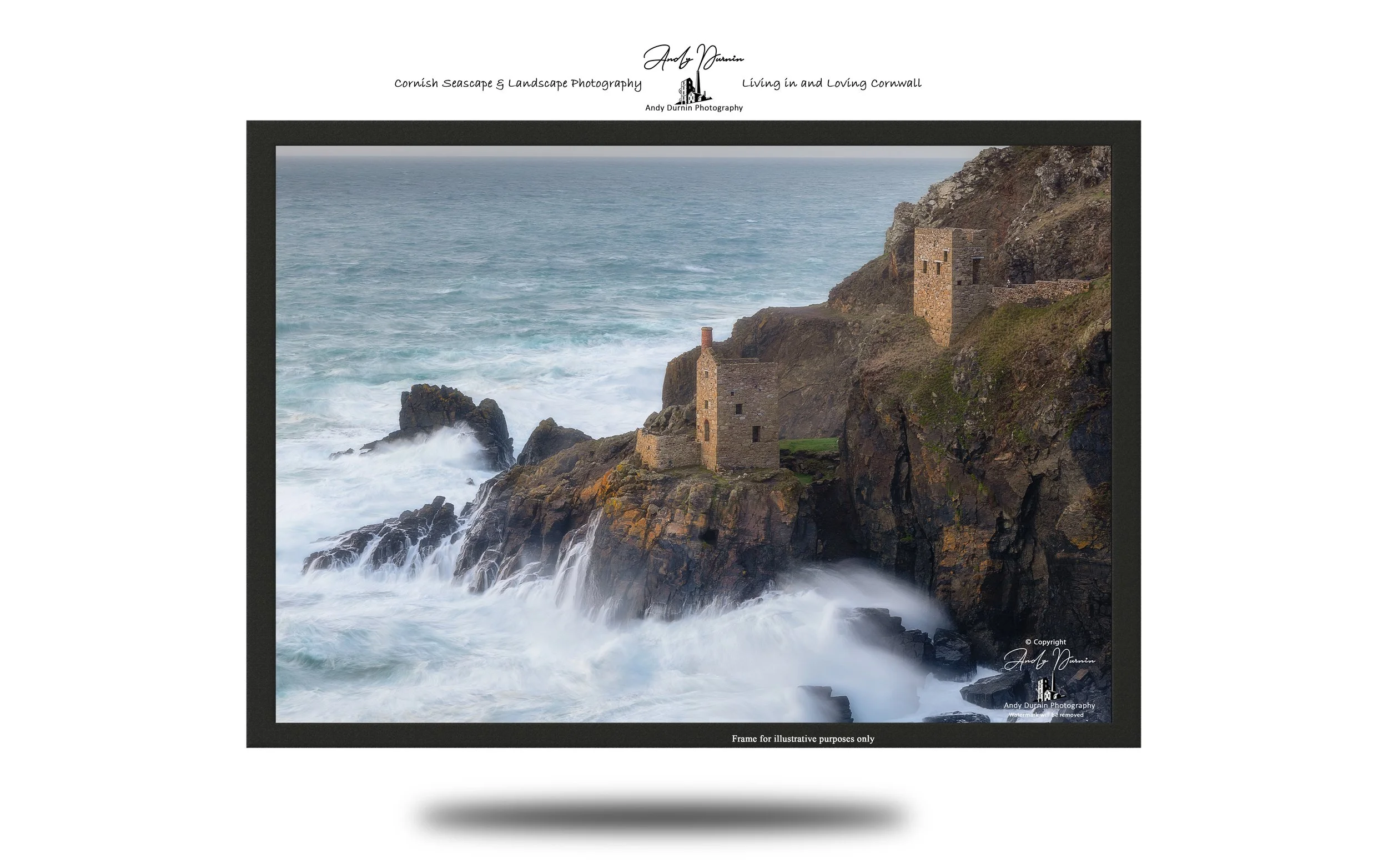 Historic Cornish engine houses overlooking turbulent white Atlantic surf.