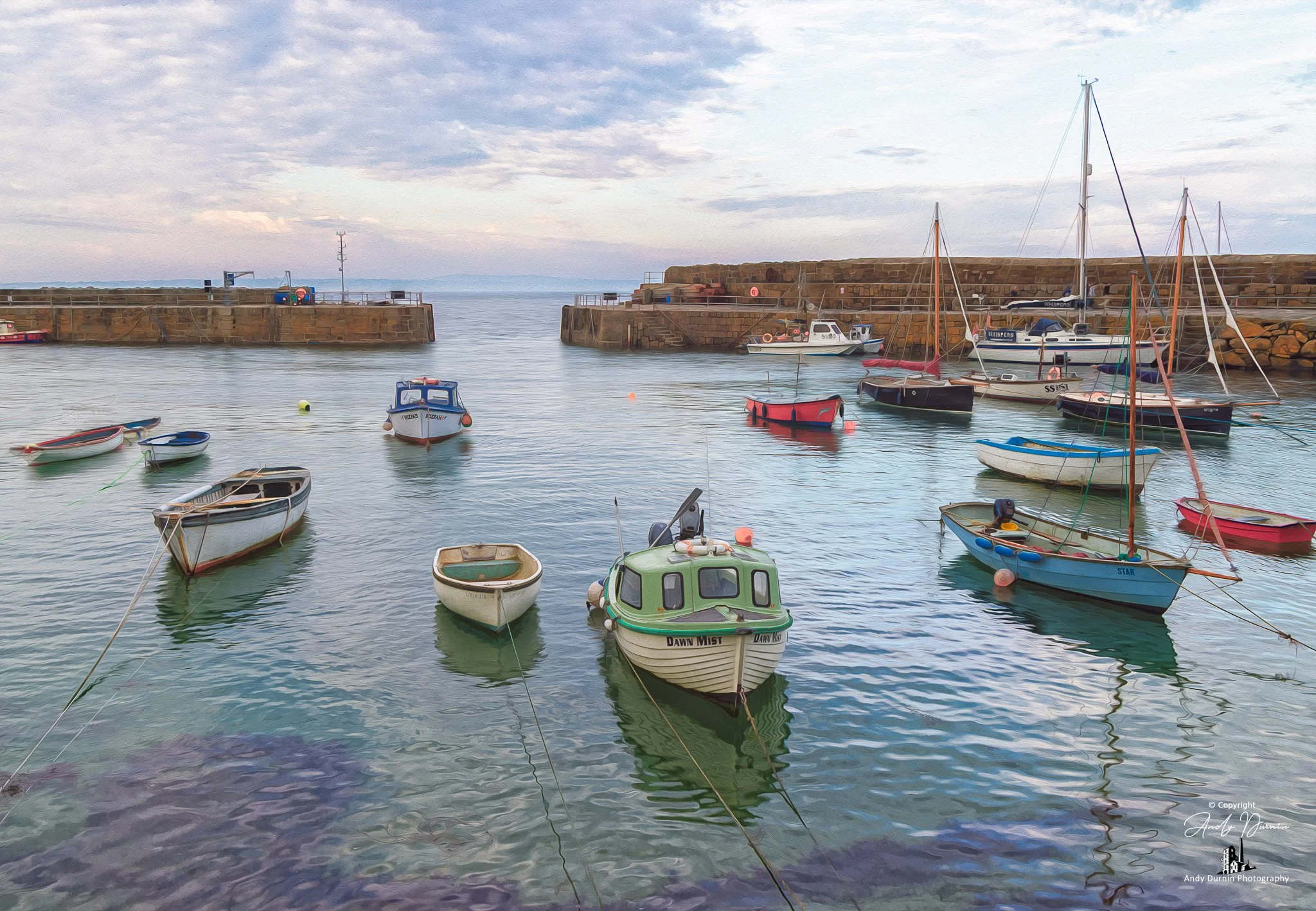 This Mousehole Harbour print captures small fishing boats, clear harbour water and the timeless beauty of one of Cornwall’s most loved seaside villages. With its painterly fine art style, soft reflections and peaceful maritime atmosphere, this Cornwa