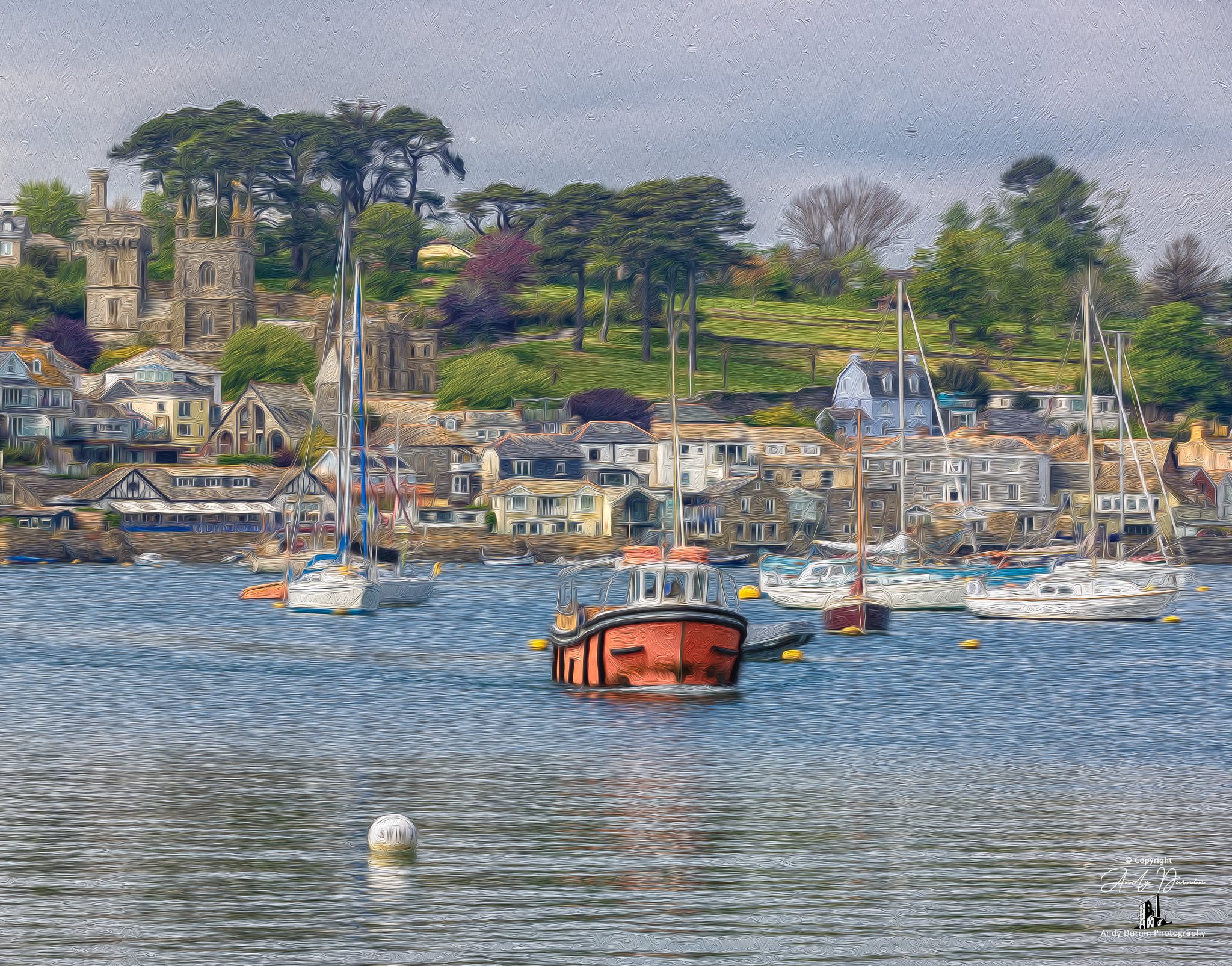 A painterly interpretation of Church of St Fimbarrus and Place House overlooking the River Fowey. Soft, brush-like textures enhance the harbour mood, while the anchored boats add colour, depth, and a gentle sense of Cornish calm.
