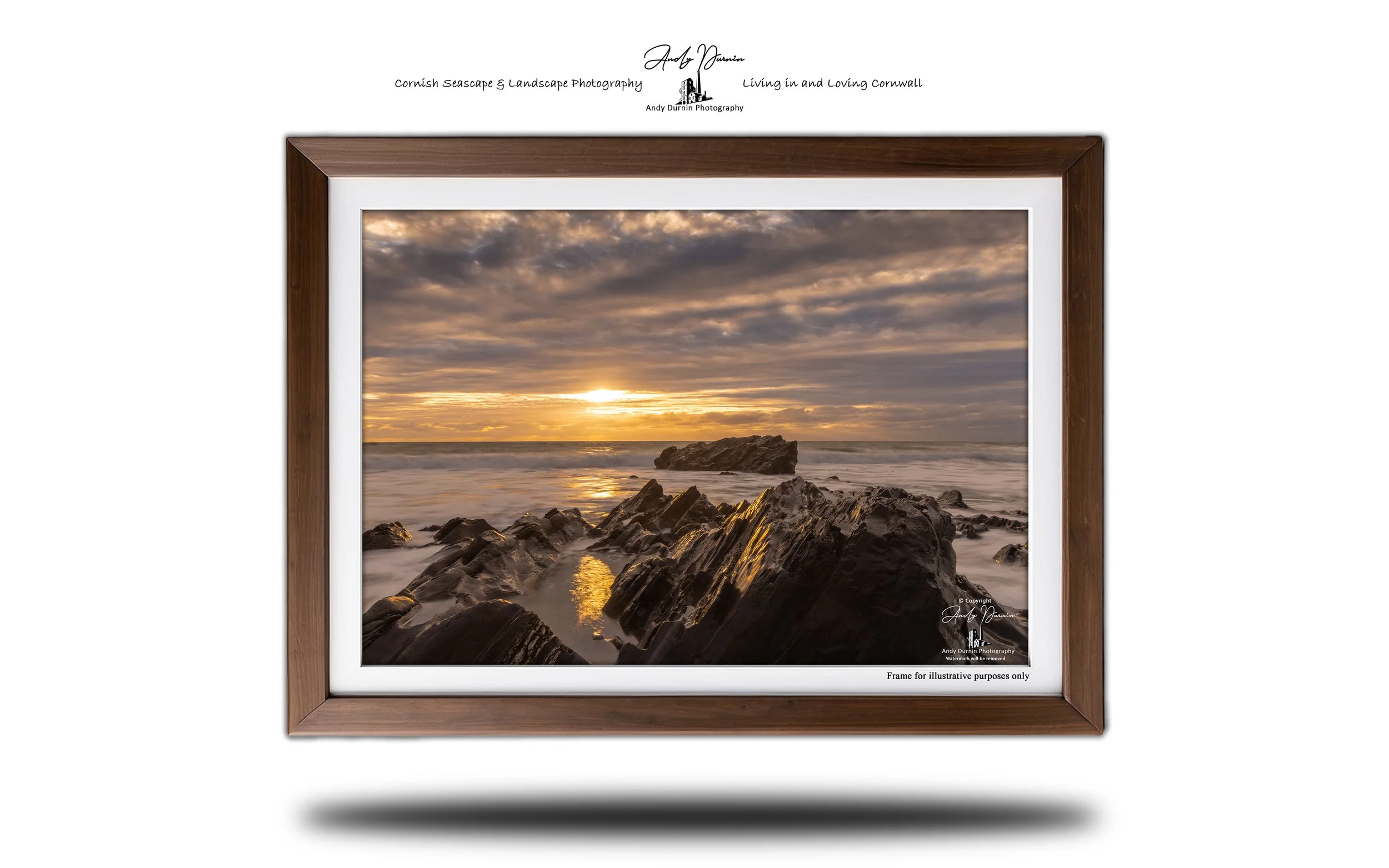 Golden sunset over Dollar Cove in Cornwall, with warm light reflecting across the sea and rugged rocks along the shoreline.