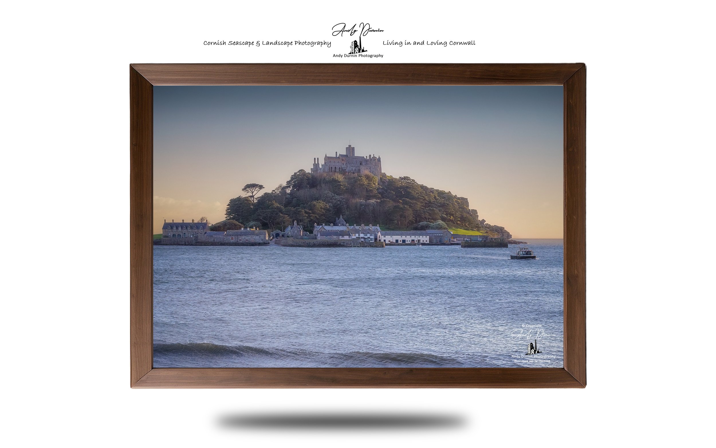 St Michael’s Mount and harbour buildings seen from the Cornish coast