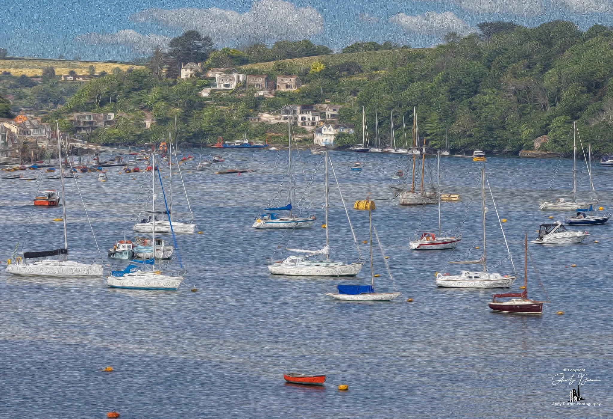 Painterly harbour art featuring sailing boats scattered across the River Fowey. The softened detail and textured finish give the scene a calm, dreamlike quality — a classic Cornwall nautical print with an artistic, gallery-style feel