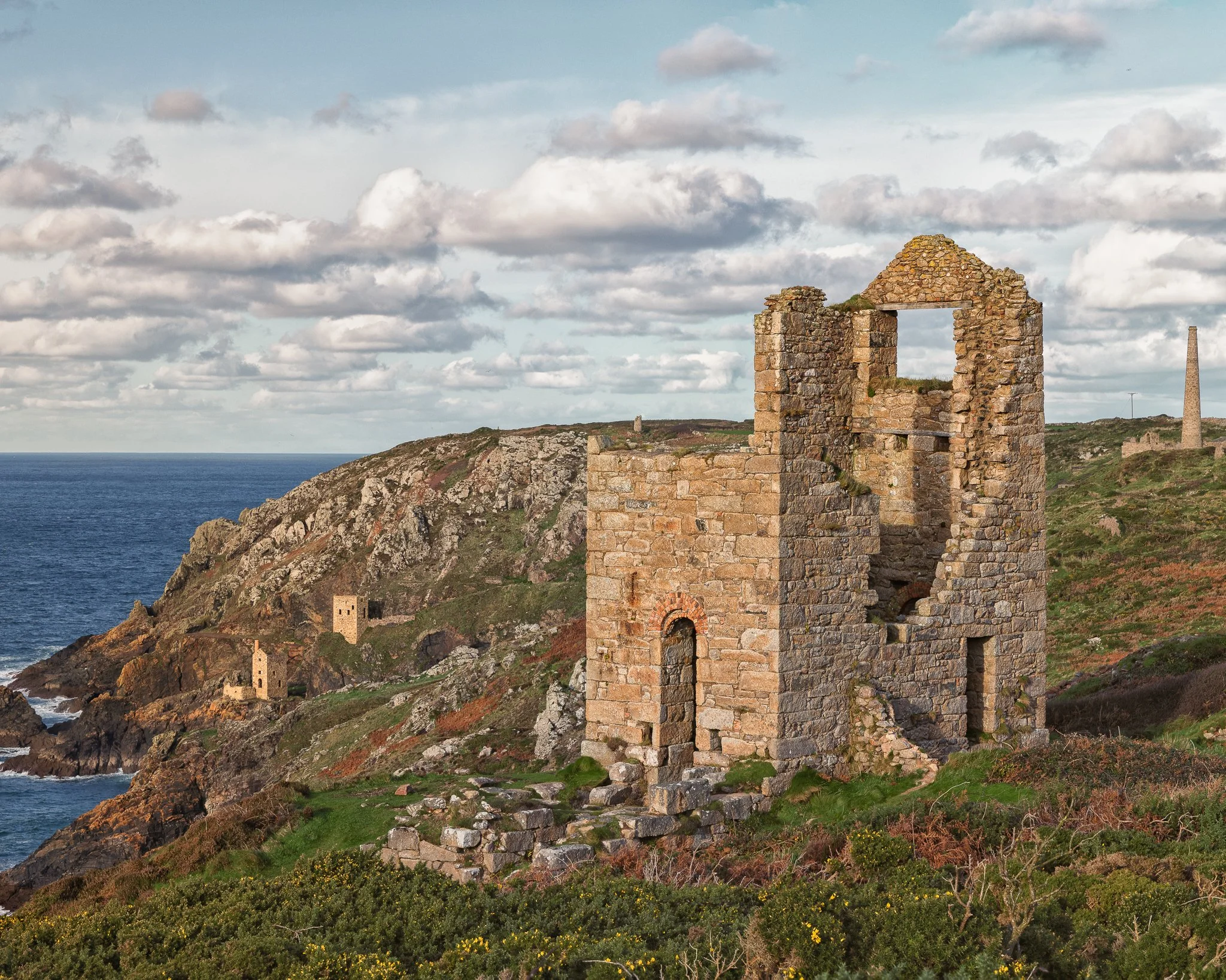 Wheal Edwards engine house at Botallack Mine in West Cornwall, surrounded by the rugged mining landscape of Penwith.