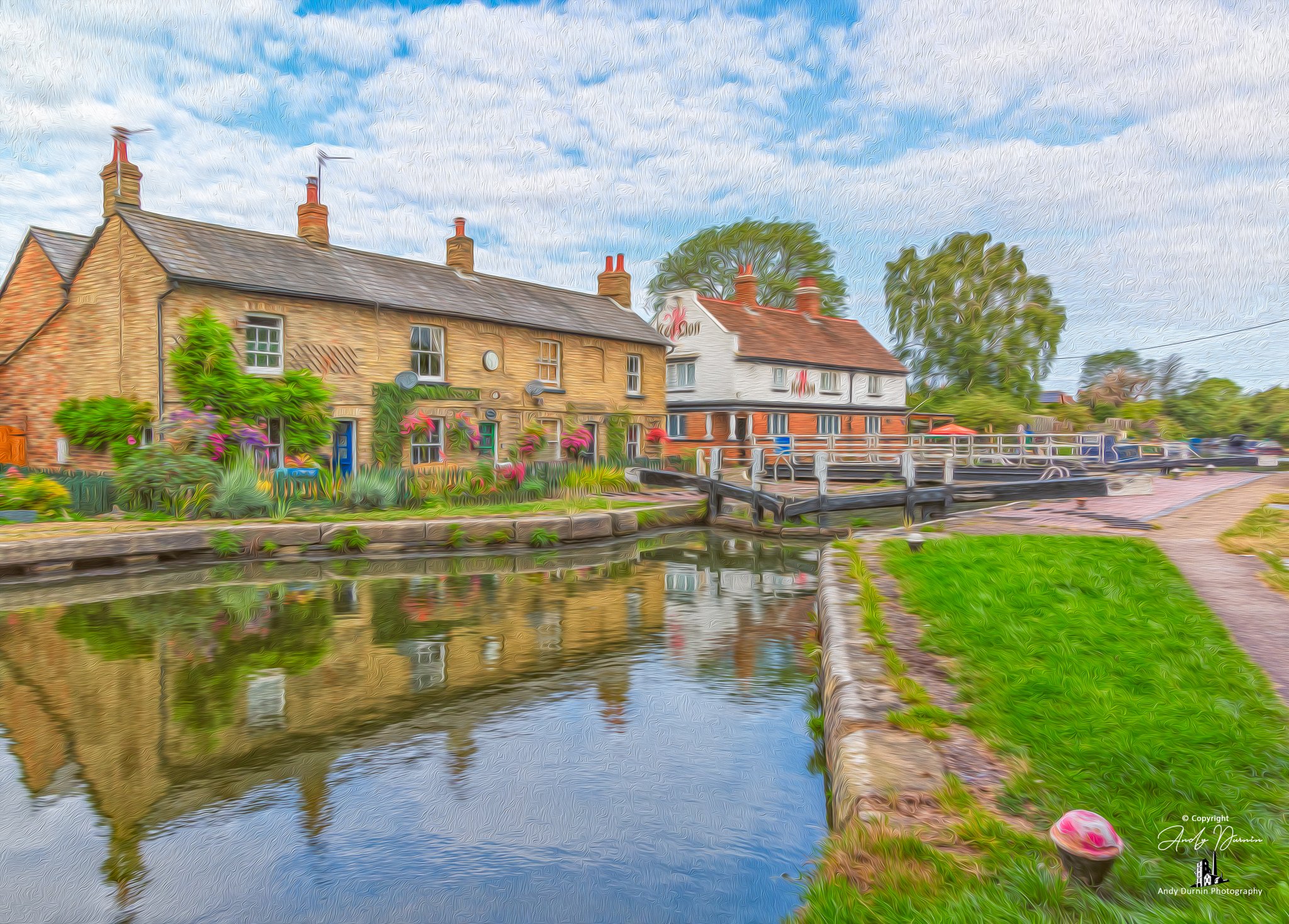 A colourful painterly image of Fenny Stratford Lock a canal scene with houses, lush greenery, and a waterway reflecting the sky and buildings.