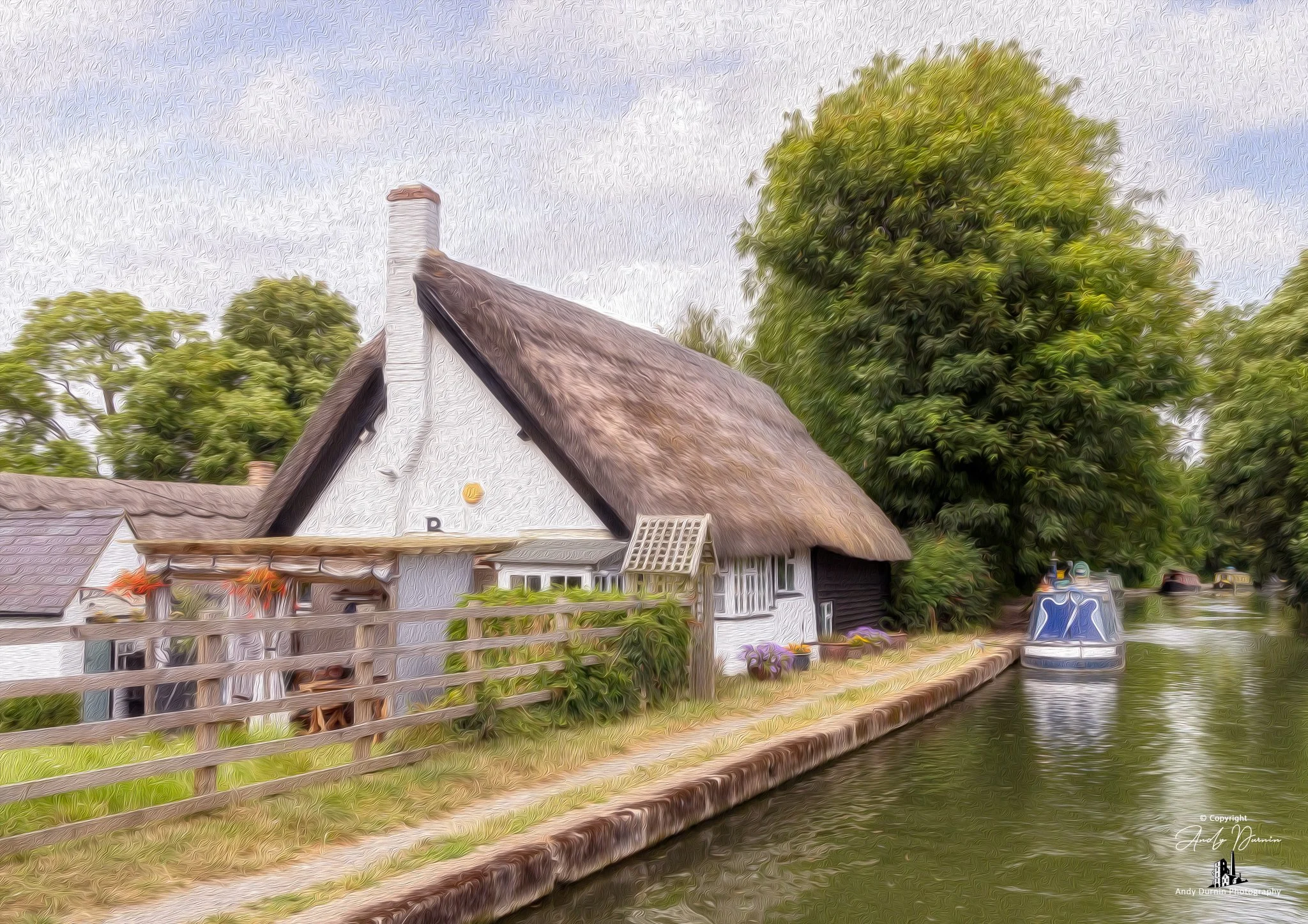 Thatched Cottage Canal Art Print: Photographic Wall Art, Oil Painting Effect