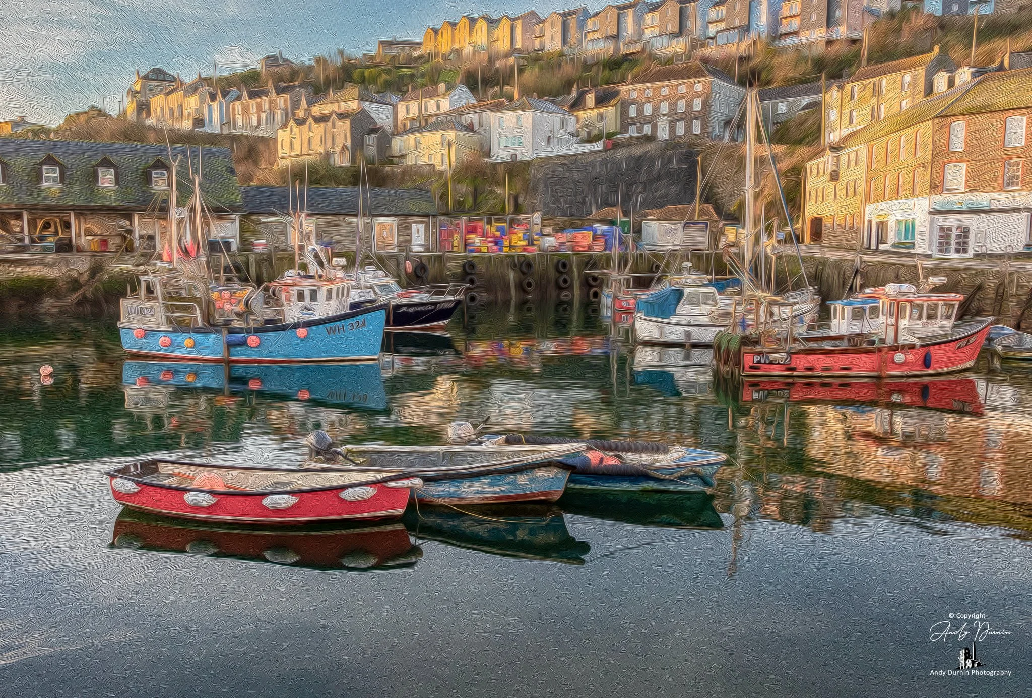 Sunrise at Mevagissey Harbour
A beautiful sunrise scene at Mevagissey Harbour in Cornwall, with fishing boats resting in calm water beneath the soft early morning light. The warm reflections and peaceful atmosphere make this fine art print ideal for 