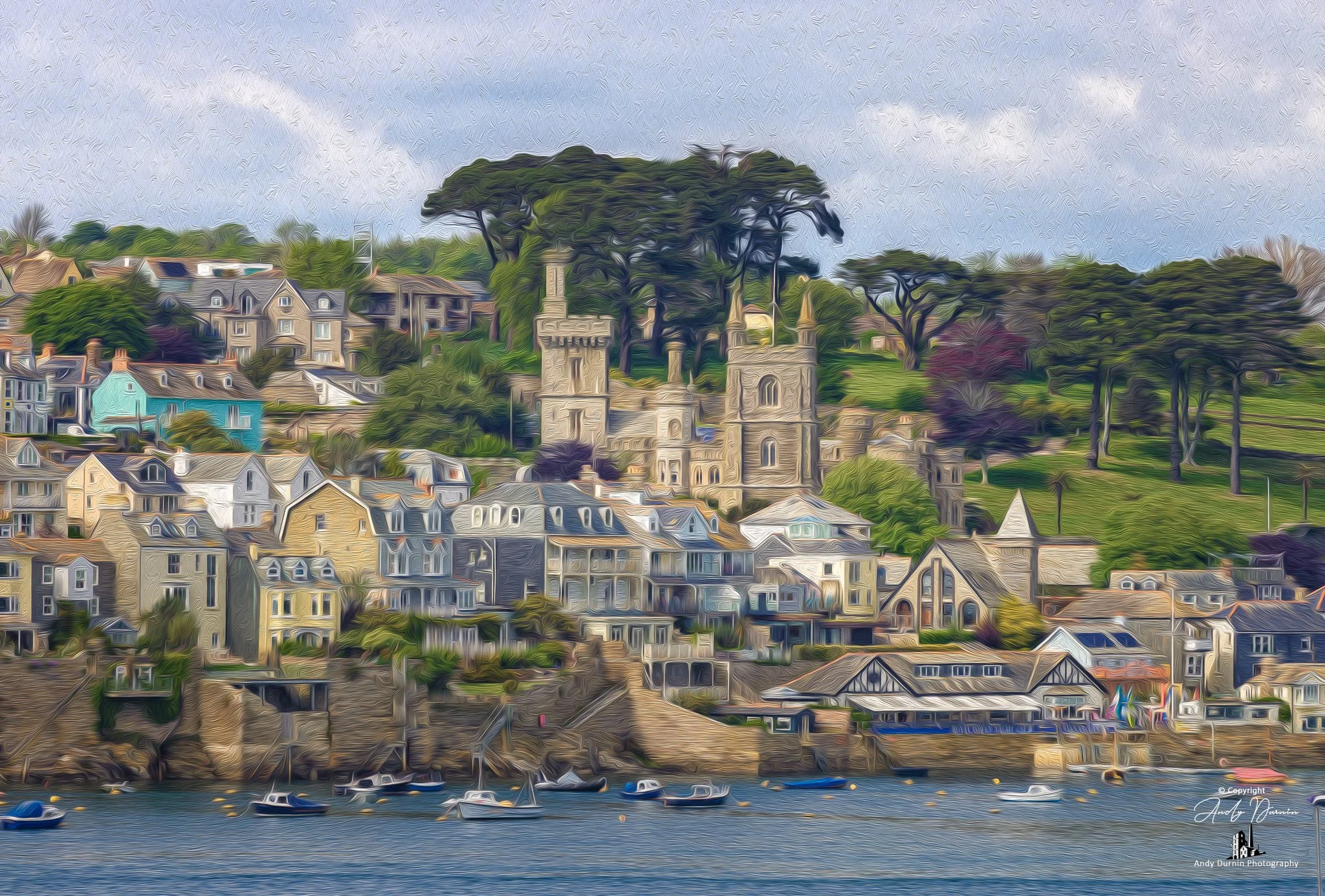 Painterly close-up of Fowey’s waterfront and historic skyline, featuring the church and hillside trees above the river—an artistic Cornwall river-town print with bold colour and texture.
