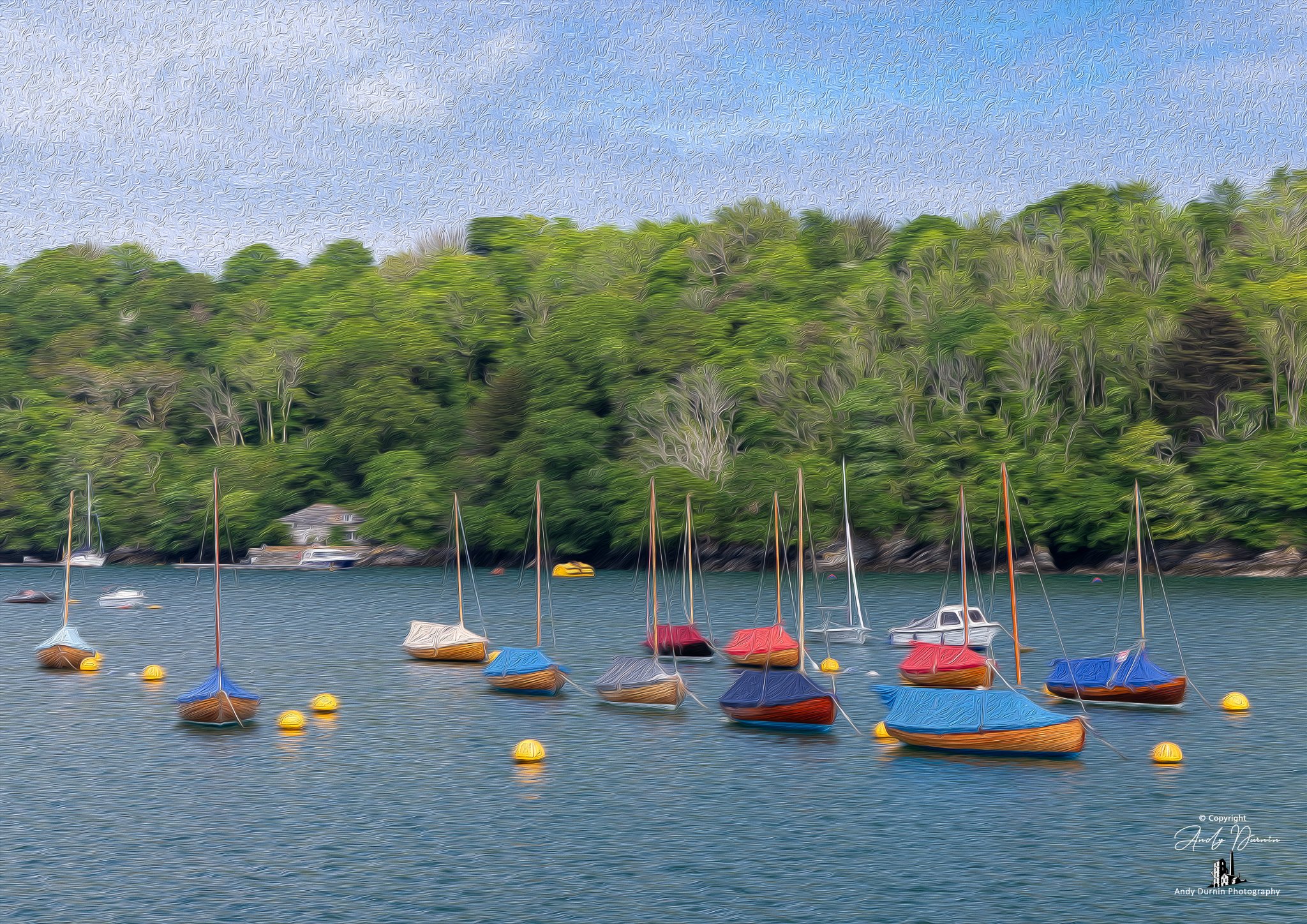 Painterly-style river scene from Fowey, Cornwall, featuring moored boats, golden buoys and a lush green woodland backdrop—soft, artistic coastal wall art inspired by the River Fowey.