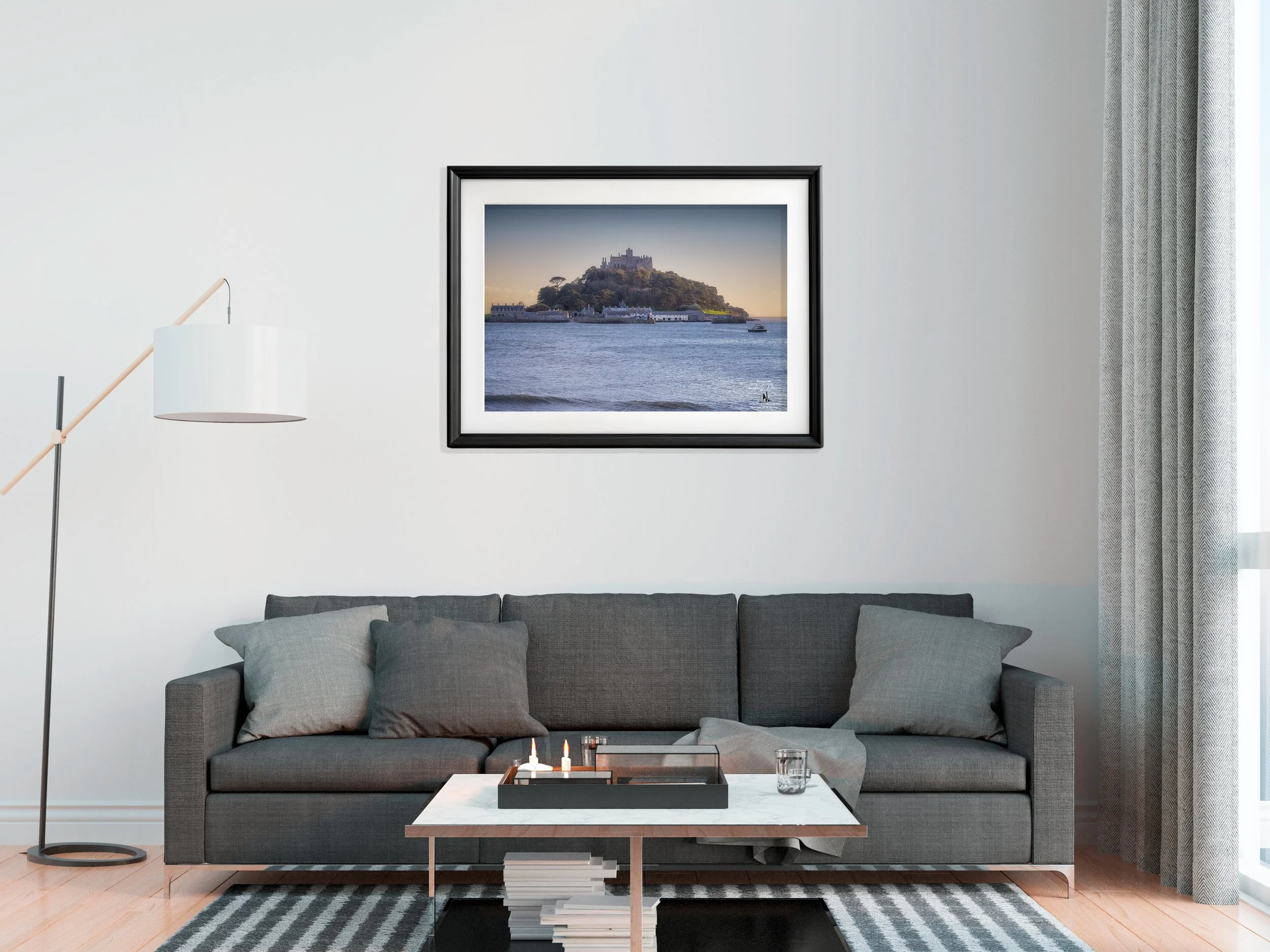 Cornwall seascape featuring St Michael’s Mount and a water taxi