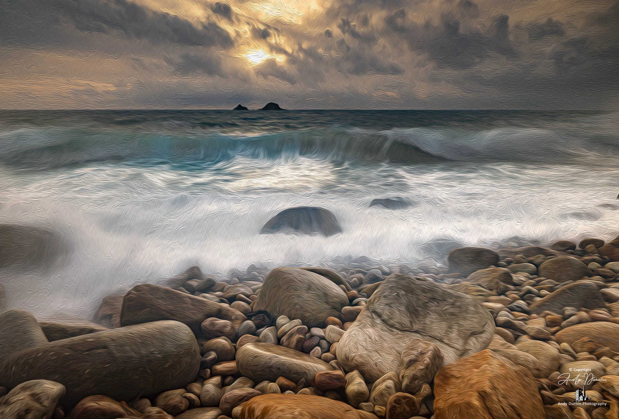 Porth Nanven (The Cot Valley).  A rocky beach with waves crashing onto the shore during a cloudy sunset, with two small islands visible in the distance.