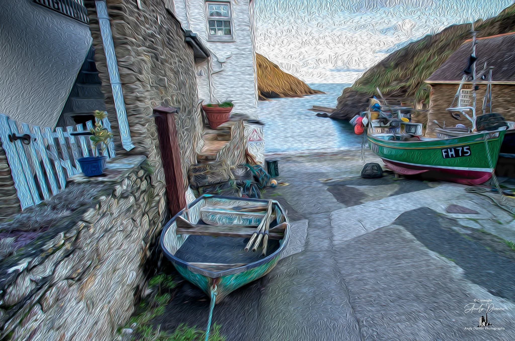 Portloe Cornwall.  A painterly scene of a small harbour with boats, stone buildings, and hillside views.