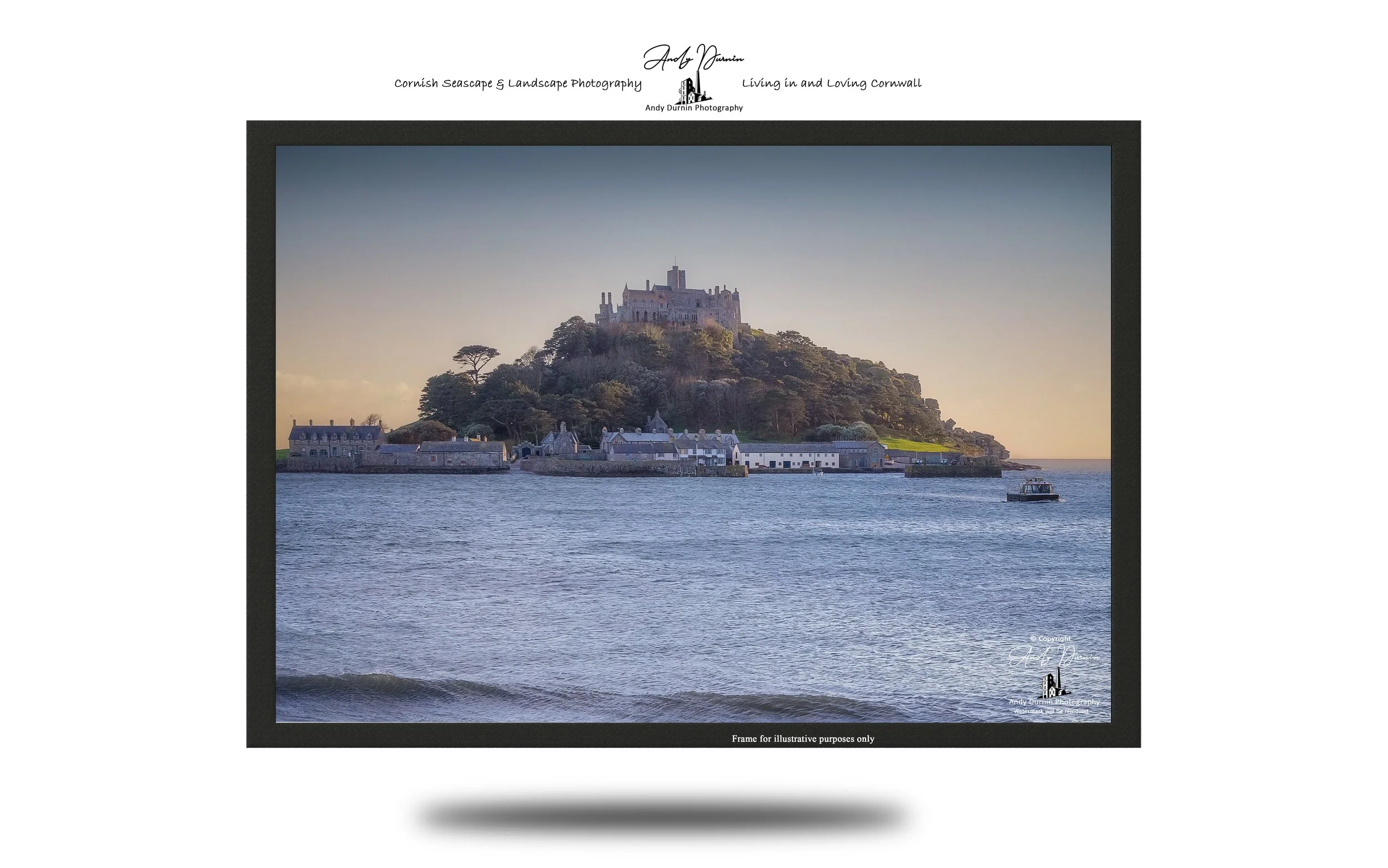 Water taxi sailing across Mount’s Bay beside St Michael’s Mount