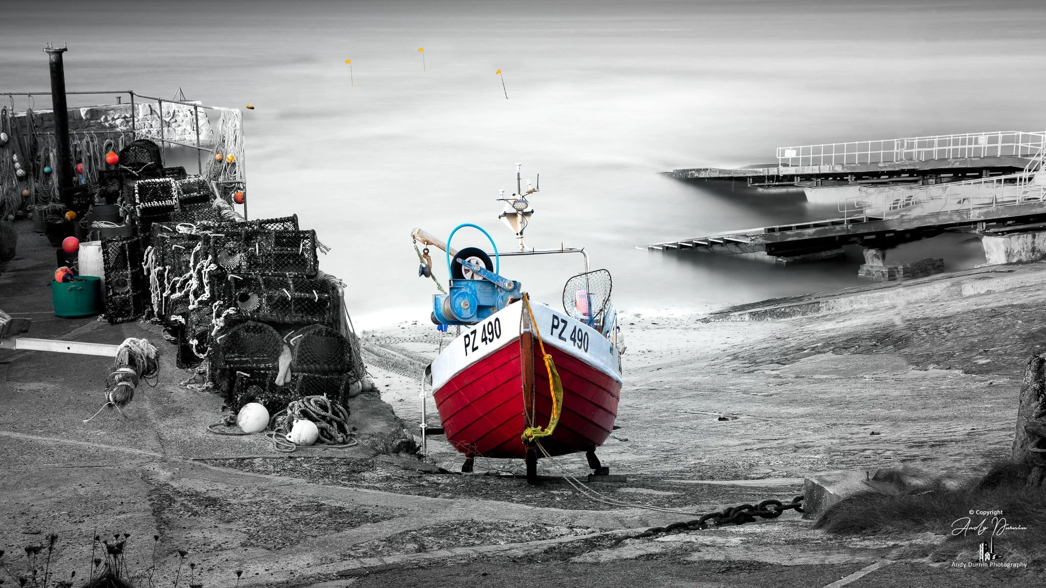 Long-exposure photograph of PZ 490 Barry Ann, a working fishing boat at Sennen Cove, Cornwall.
