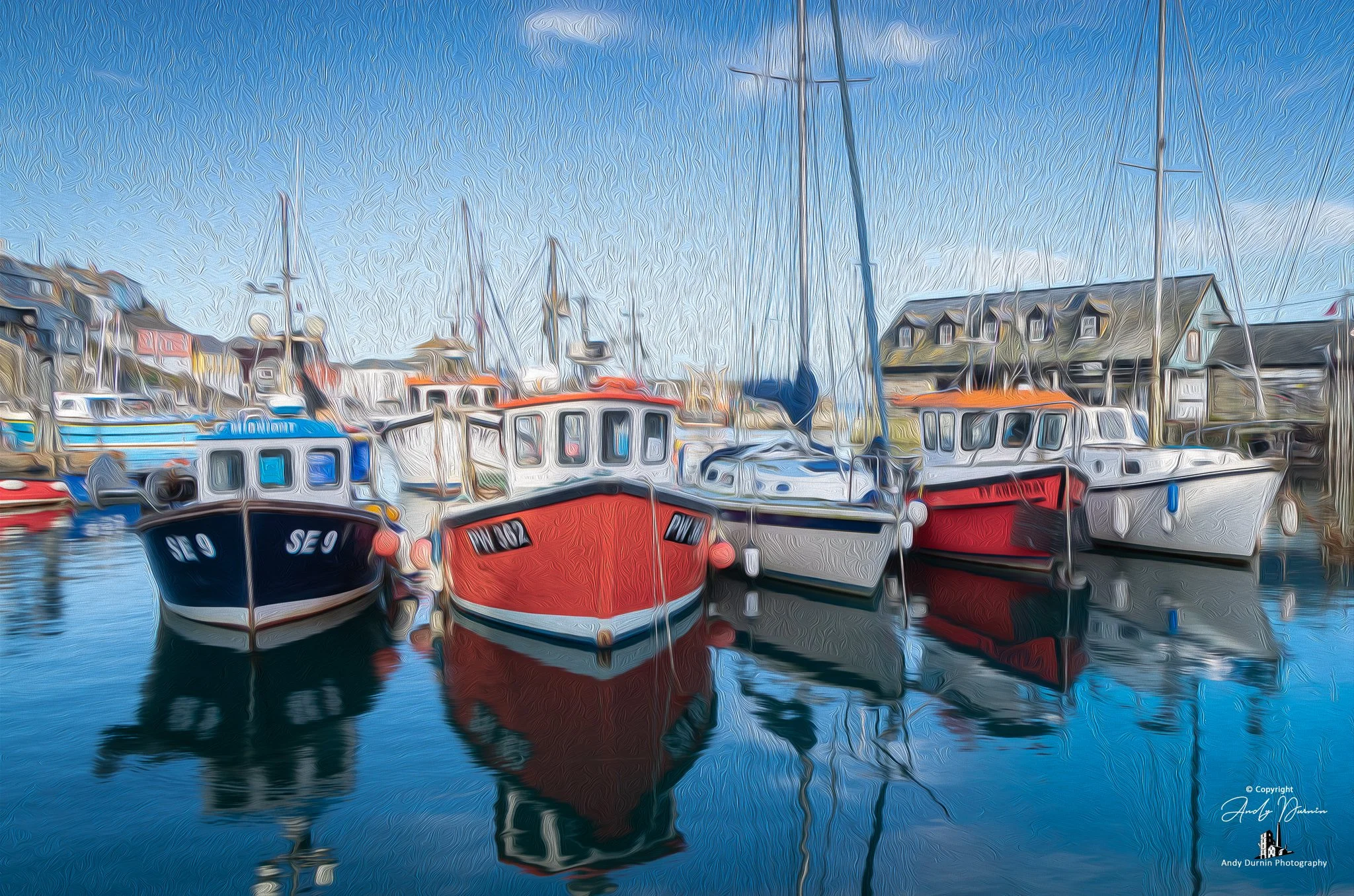 Painting-style image of Mevagissey Harbour, Cornwall with several boats moored, reflection on the water, and houses in the background under a clear blue sky.