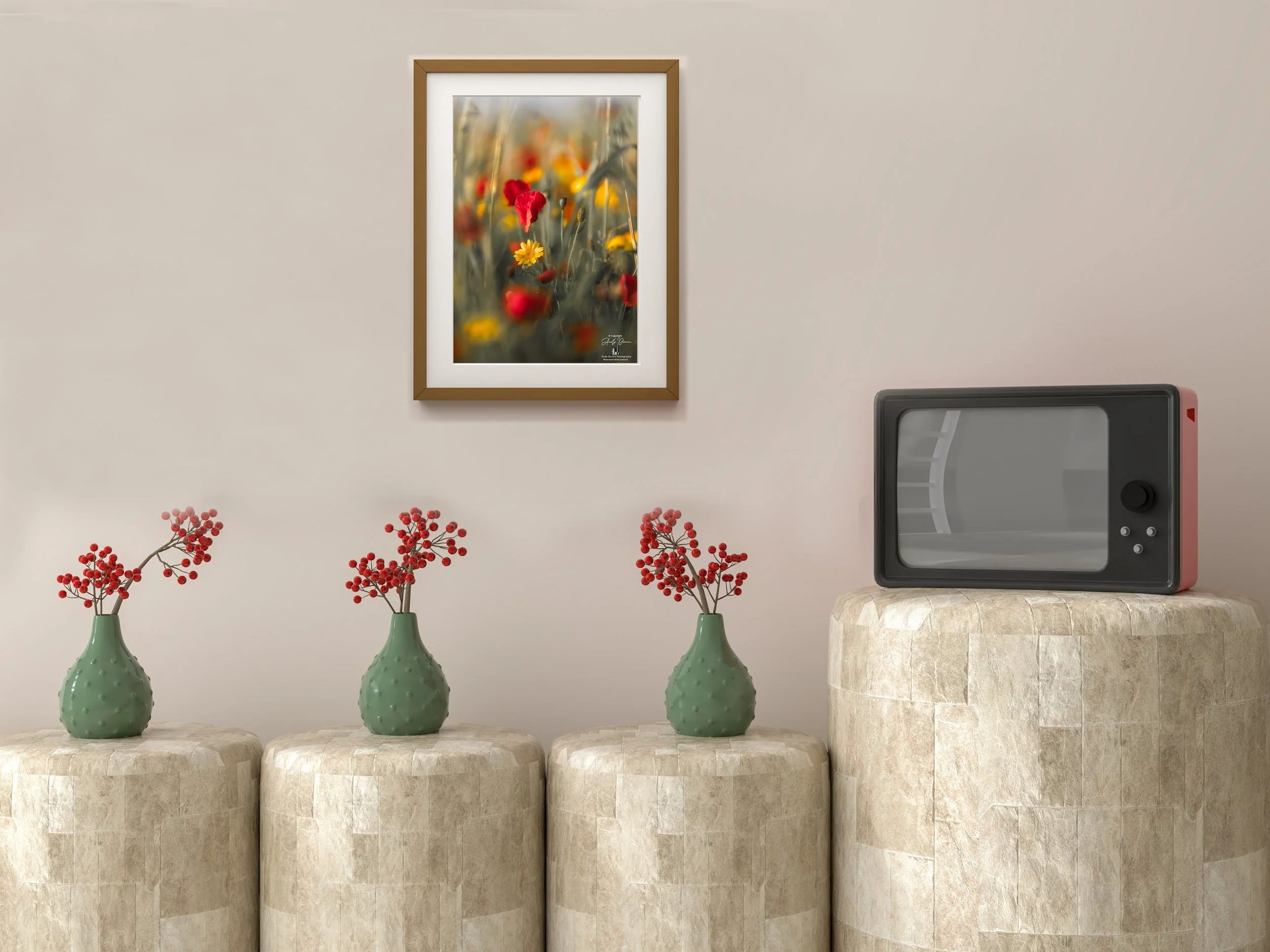 Red poppies and yellow wildflowers in a soft dreamy meadow scene