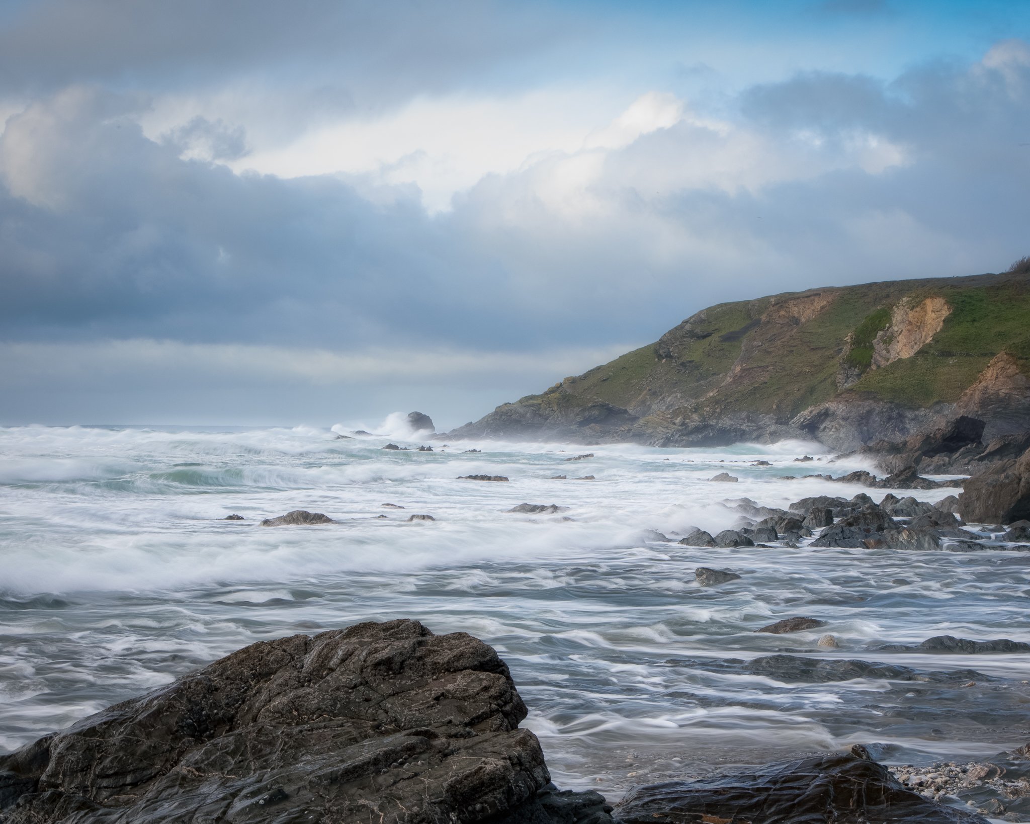 Coastal seascape at Dollar Cove in Cornwall, showing the natural beauty of The Lizard Peninsula.