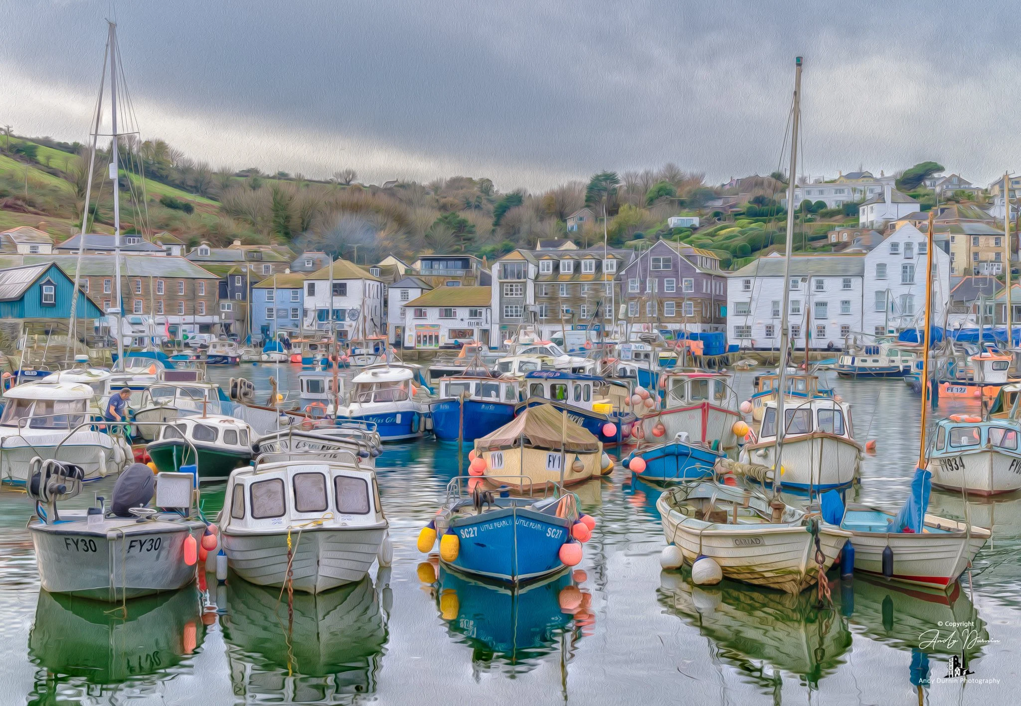 Mevagissey Harbour
A characterful fine art print of Mevagissey Harbour, filled with fishing boats, reflections, and the colourful buildings of this traditional Cornish village. This image captures the busy charm and coastal heritage of one of Cornwal