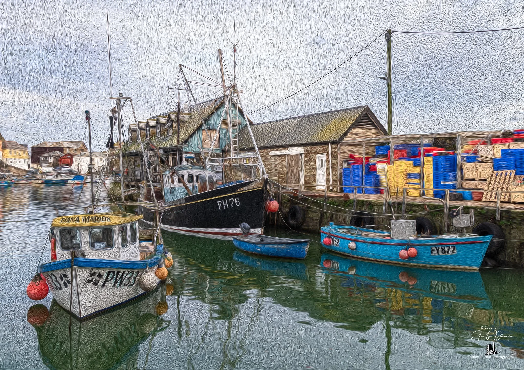 A painterly-style image of fishing boats moored beside Mevagissey Fish market, with colourful crates stacked along the quay and textured reflections shimmering in the harbour water.