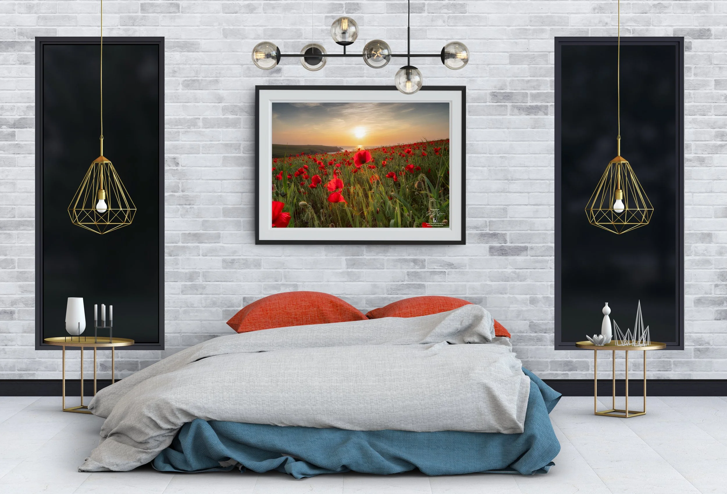 Summer wildflowers and red poppies glowing at sunset above Polly Joke Bay, Cornwall