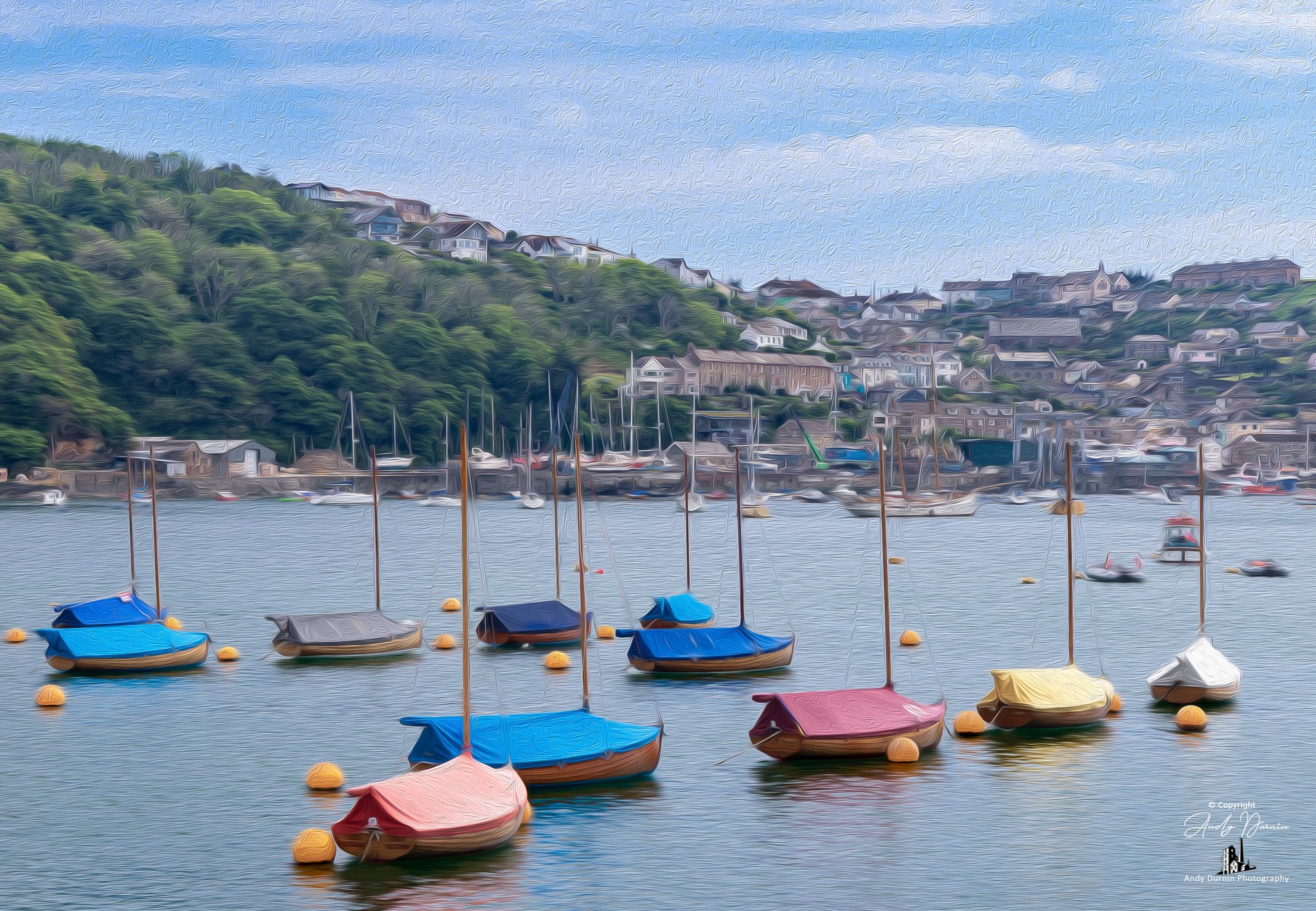 Painterly harbour scene with bright dinghies and golden buoys floating on still water, backed by the hillside town of Fowey. Soft textures and gentle tones create a warm, coastal wall-art look with plenty of Cornish character.